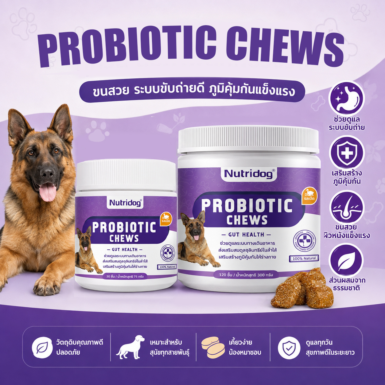 Chewy Snacks with Probiotics for Dogs – Helps Enhance the Digestive System. Contains Various Strains of Probiotics. Suitable for Dogs of All Ages. Duck Flavor. Contains 120 Pieces, 30 Pieces. ราคา 209 บาท*ส่งฟรี