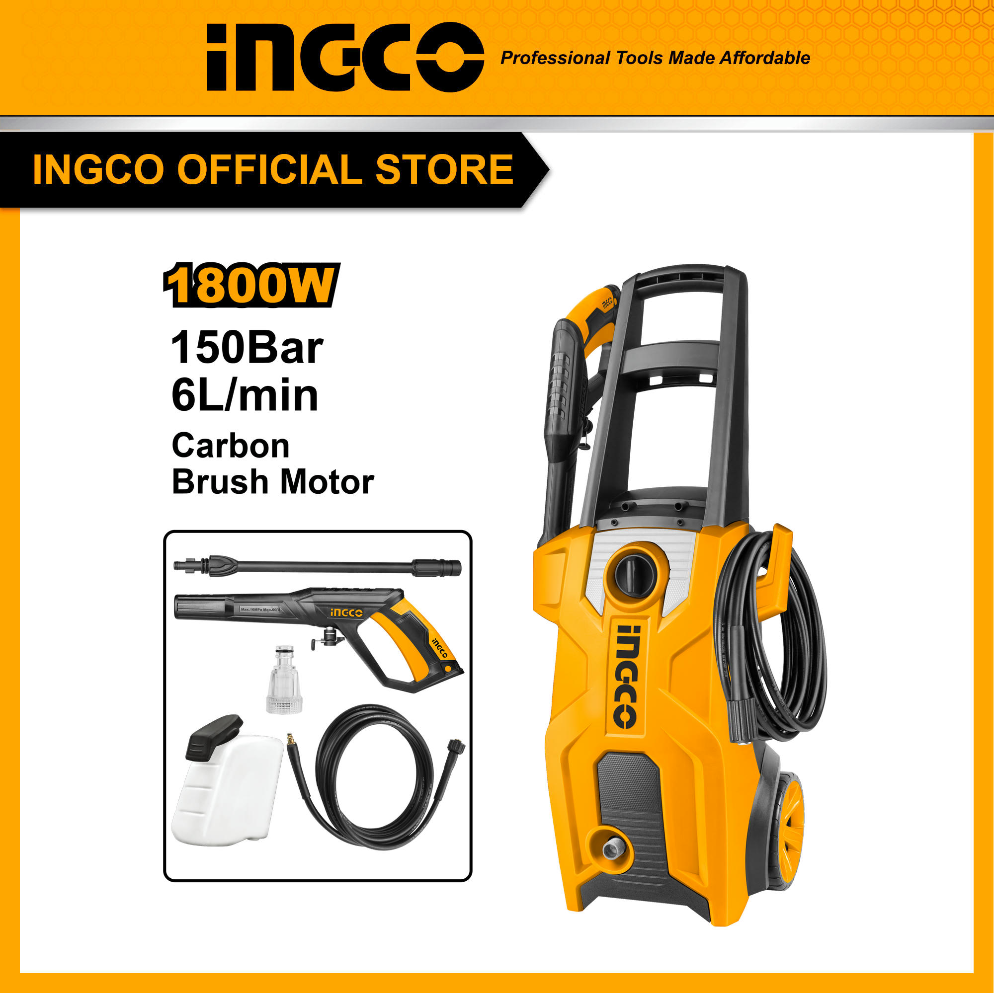 INGCOเครื่องฉีดน้ำแรงดันสูง 150 บาร์ รับประกัน 2 ปี HPWR18008 ราคา 4,393 บาท*ส่งฟรี