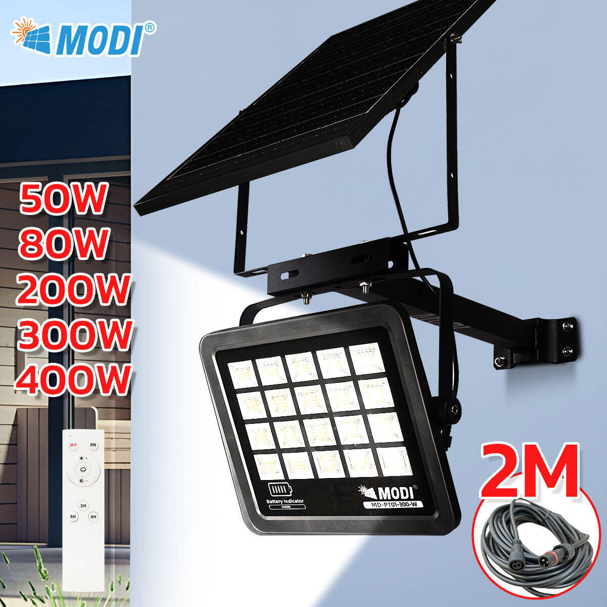 Modi 50W 80W 200W 300W 400W Solar Cell Spotlight, White Light, Remote Control, High Quality Floodlight, Solar Powered Light Suitable for Street Lights and Billboards. ราคา 1,750 บาท*ส่งฟรี