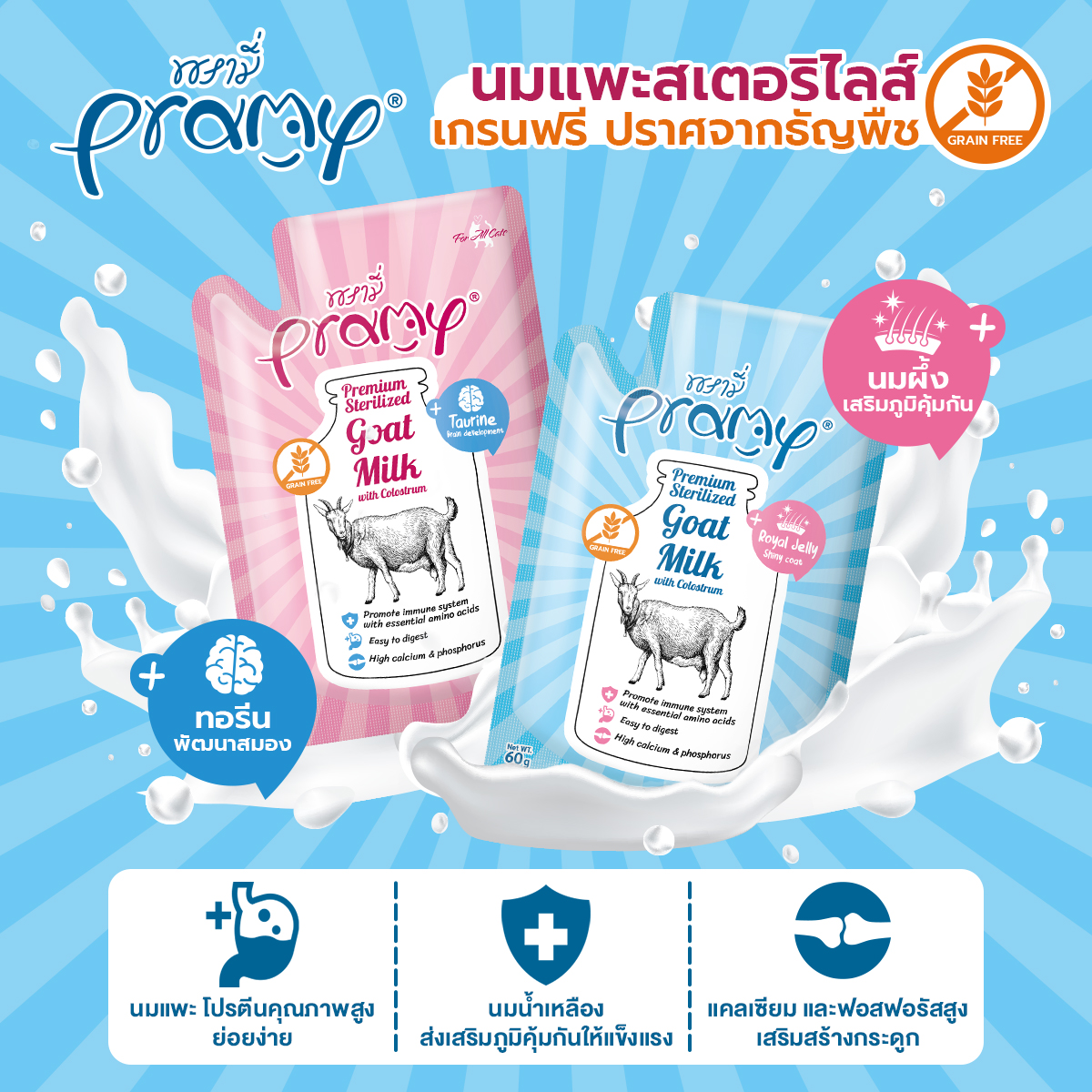 Pramy Sterilized Goat Milk With Colostrum นมแพะ สเตอริไลส์ เสริมนมน้ำเหลือง ขนาด 60g ราคา 20 บาท*ส่งฟรี
