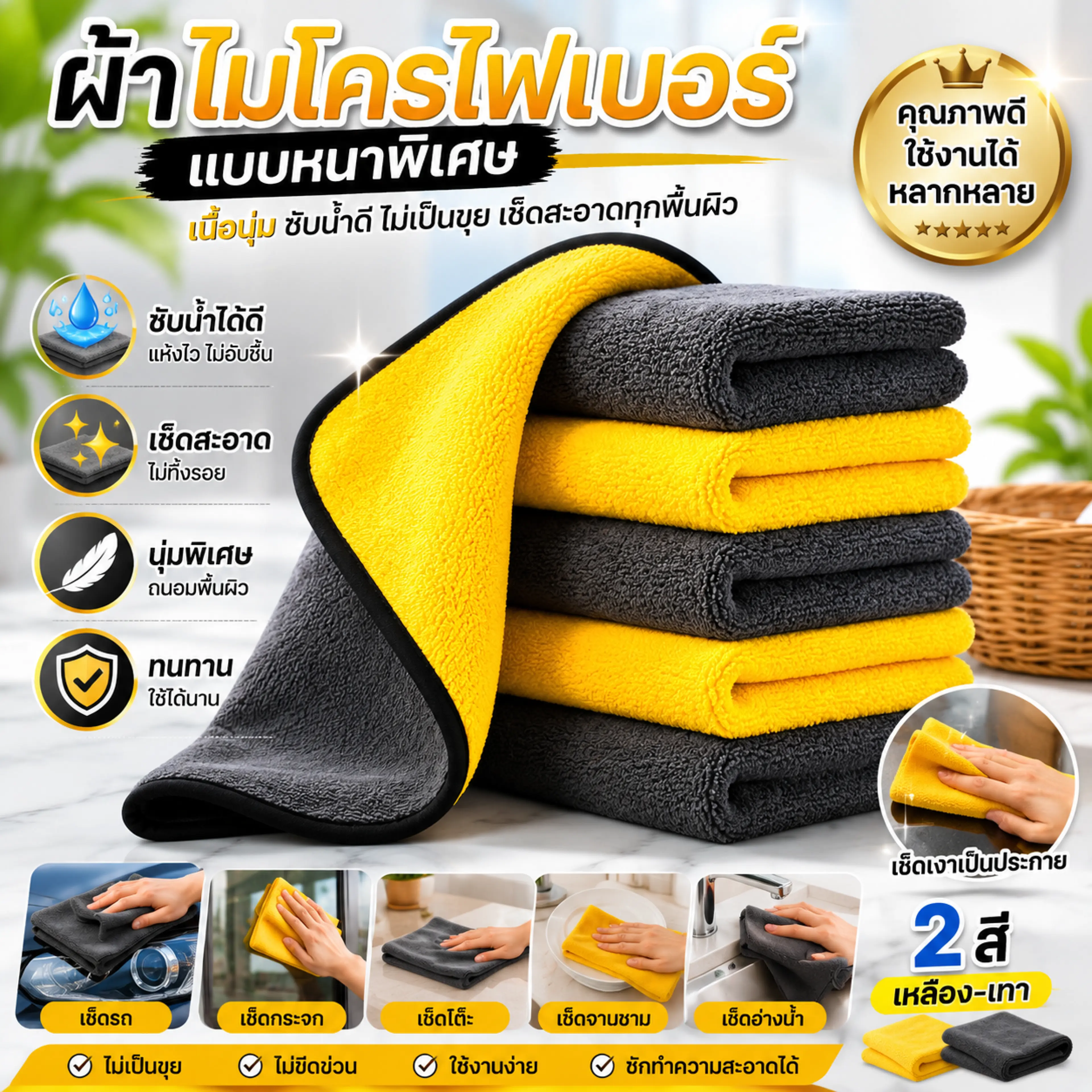 Thick Microfiber Cloth, Car Cleaning Cloth, Multi-Purpose Cloth, 30X30Cm, Premium Grade, Absorbs Water Well, Dries Quickly, Wipes Hands.