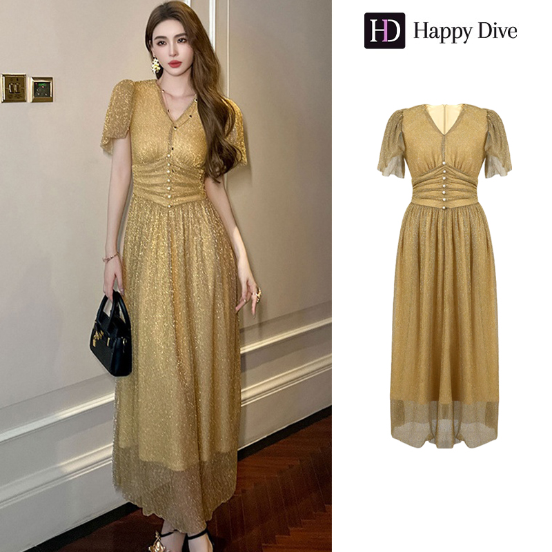 Happy Diva เดรสผู้หญิง เดรสสีทอง เดรสทรงเอ เดรสคอวี เดรสทำงาน เดรสไฮโซ เดรสวินเทจ เดรสออกงาน เดรสปาร์ตี้ ชุดราตรี 21243 ราคา 1,329 บาท*ส่งฟรี