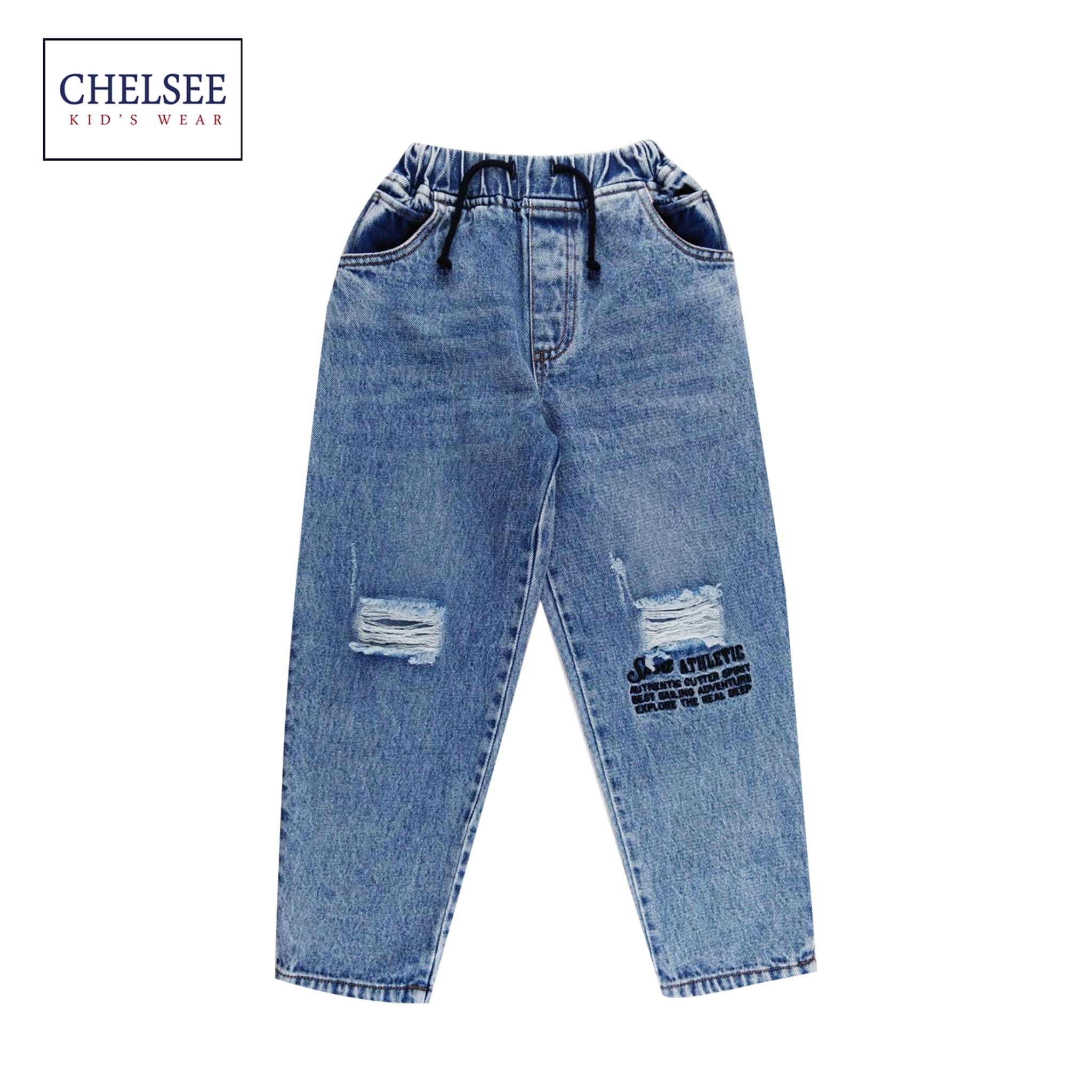 Chelsee กางเกงยีนส์ขายาว เด็กผู้ชาย รุ่น 127858 เอวยางยืด ปักลาย ผ้ายีนส์เดนิม นุ่ม อายุ 3-11ปี กางเกงยีนส์เด็ก ราคา 407 บาท*ส่งฟรี