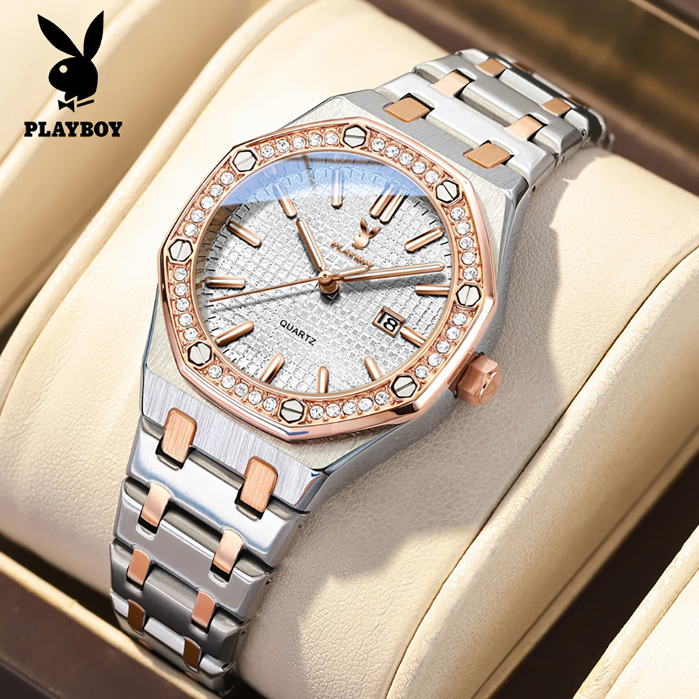 Playboy Women's Wristwatch, Waterproof, Scratch-Resistant Glass, Quartz System, Stainless Steel Strap, Rose Gold Color, Suitable for All Occasions. Cod, Comes with a Beautiful Box. ราคา 1,059 บาท*ส่งฟรี