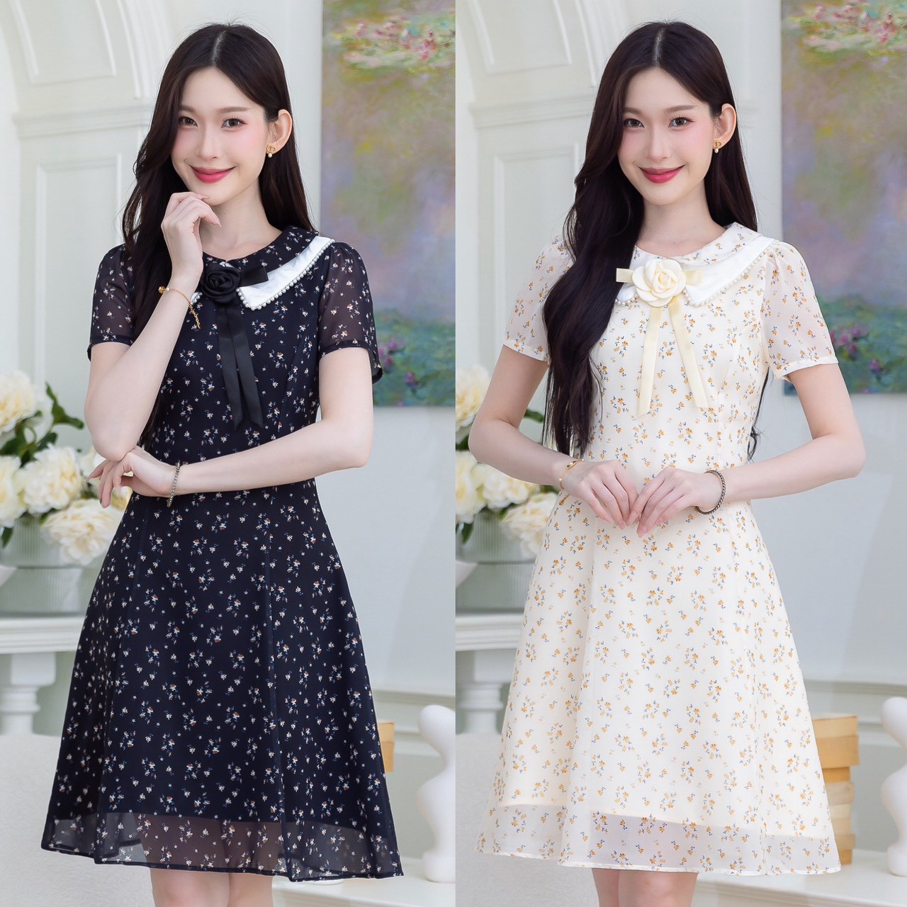 Chiffon Dress with Double-Layered Collar, Mini Floral Pattern, Easy on the Eyes, Collar Detail with Pearls Around It. the Double-Layered Collar Detail Is Beautiful and Adds a Nice Touch. Comes with a Flower Brooch to Add Extra Beauty. Can Be Removed. Can ราคา 660 บาท*ส่งฟรี