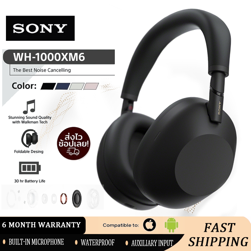 【6-Month Warranty】Genuine Sony Headphones Model Wh-1000Xm6 Wireless Noise Canceling Headphones Bluetooth 5.2 High-Resolution Audio Wireless Dsee Extreme Built-In Microphone Auxiliary Input Headphones