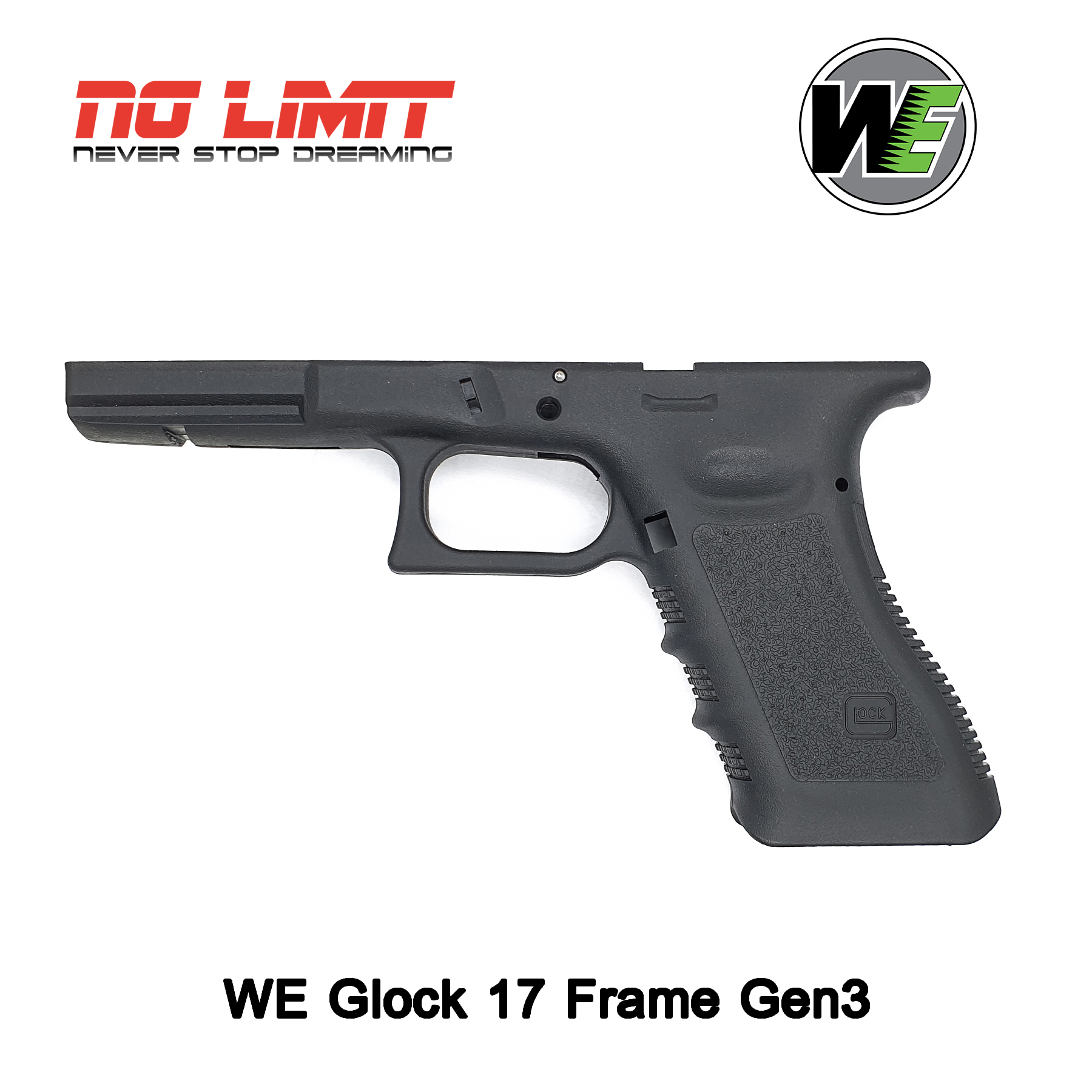 เฟรม Glock ฟูลมาร์คกิ้ง สำหรับ WE G17 / G18 / G34 / G35 มีให้เลือกทั้ง Gen3 และ Gen4 โลโก้เหมือนจริง วัสดุเป็นโพลีเมอร์ อะไหล่บีบีกัน