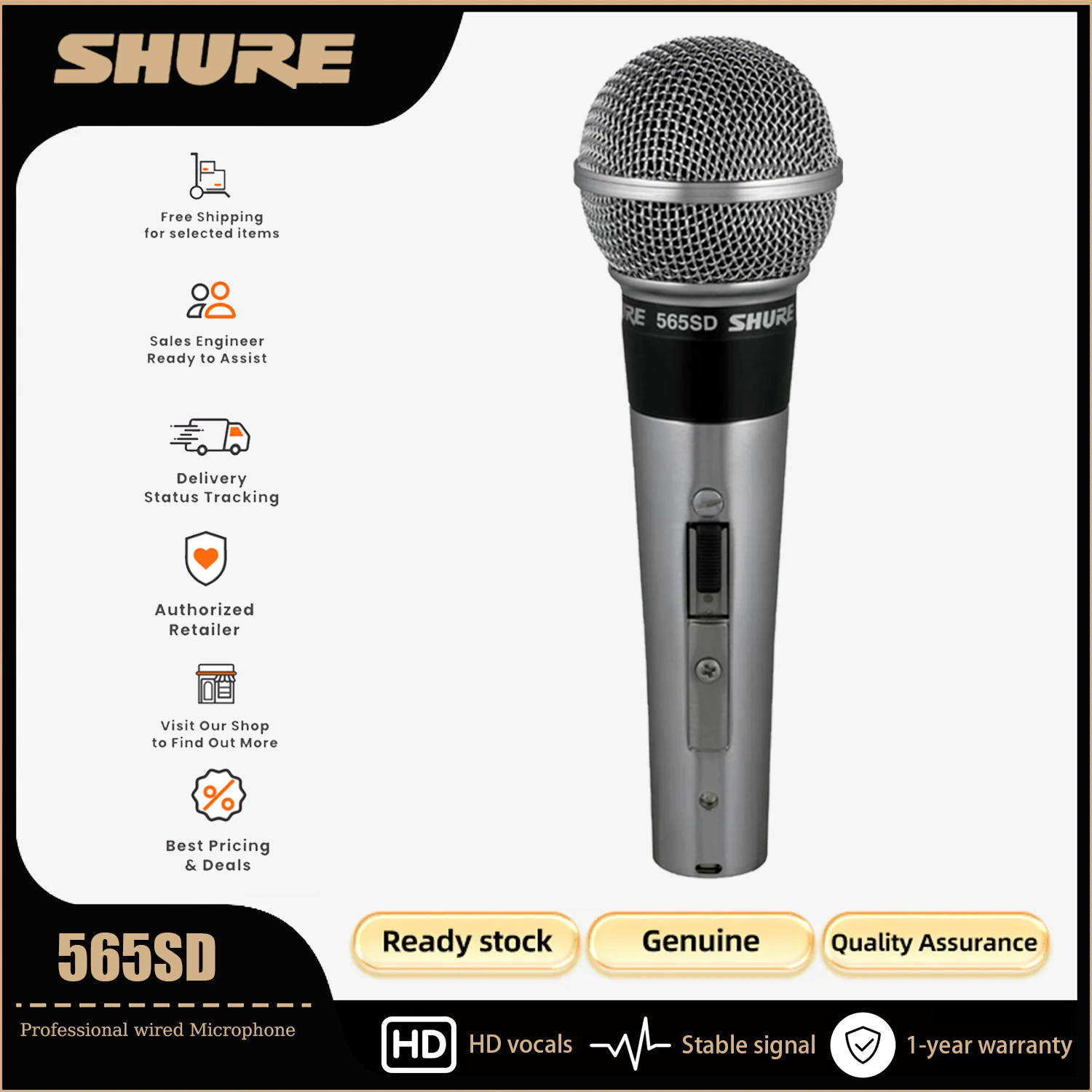 Shure shock 565sd dynamic classic microphone with pickup mode cardioid on/off magnetic mute switch (lockable), wind filter and "pop"