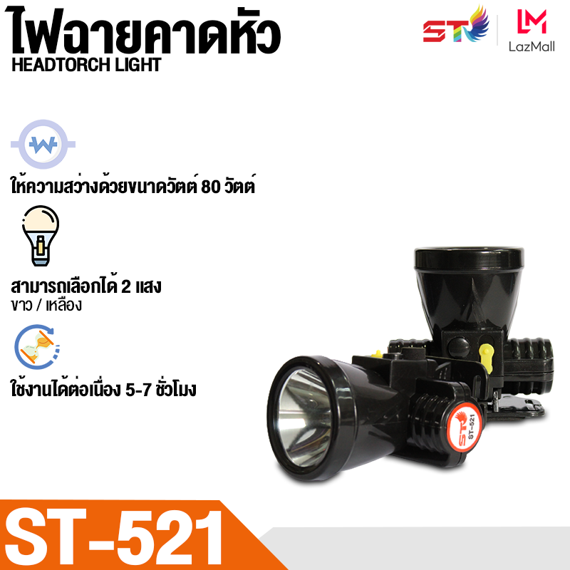 ST ไฟฉายคาดหัว แบตเตอรี่ลิเธียม ST-521 ขนาดเล็ก ไฟฉายติดศรีษะ ไฟฉายติดหน้าผาก หัวไฟ กรีดยาง ส่องสัตว์ จับกบ จับแมลง หาปลา ตกปลา ราคา 120 บาท*ส่งฟรี