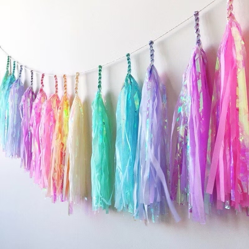Paper Tassels, Laser Colored, Decorative Tassels, Party, Birthday, New Year, Gender Reveal, Hanging Colorful Garland Tissue Paper Tassel for Party Decoration / Birthday / Gender Reveal ราคา 85 บาท*ส่งฟรี