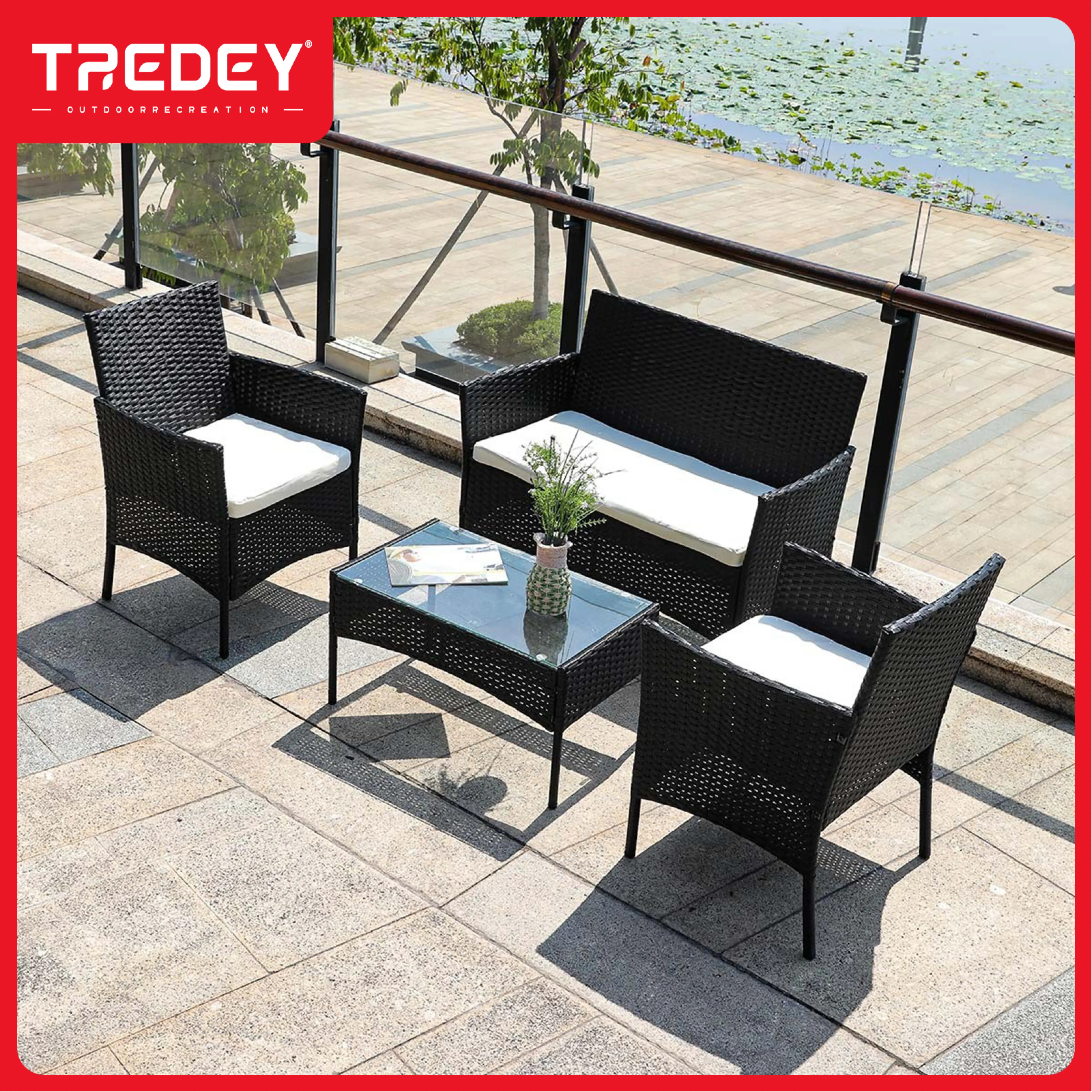 Tri-Mi 4-Piece Outdoor Rattan Patio Set, Conversation Rattan Chairs, Backyard Balcony Terrace Poolside Furniture Set with Soft Cushions and Glass Table.