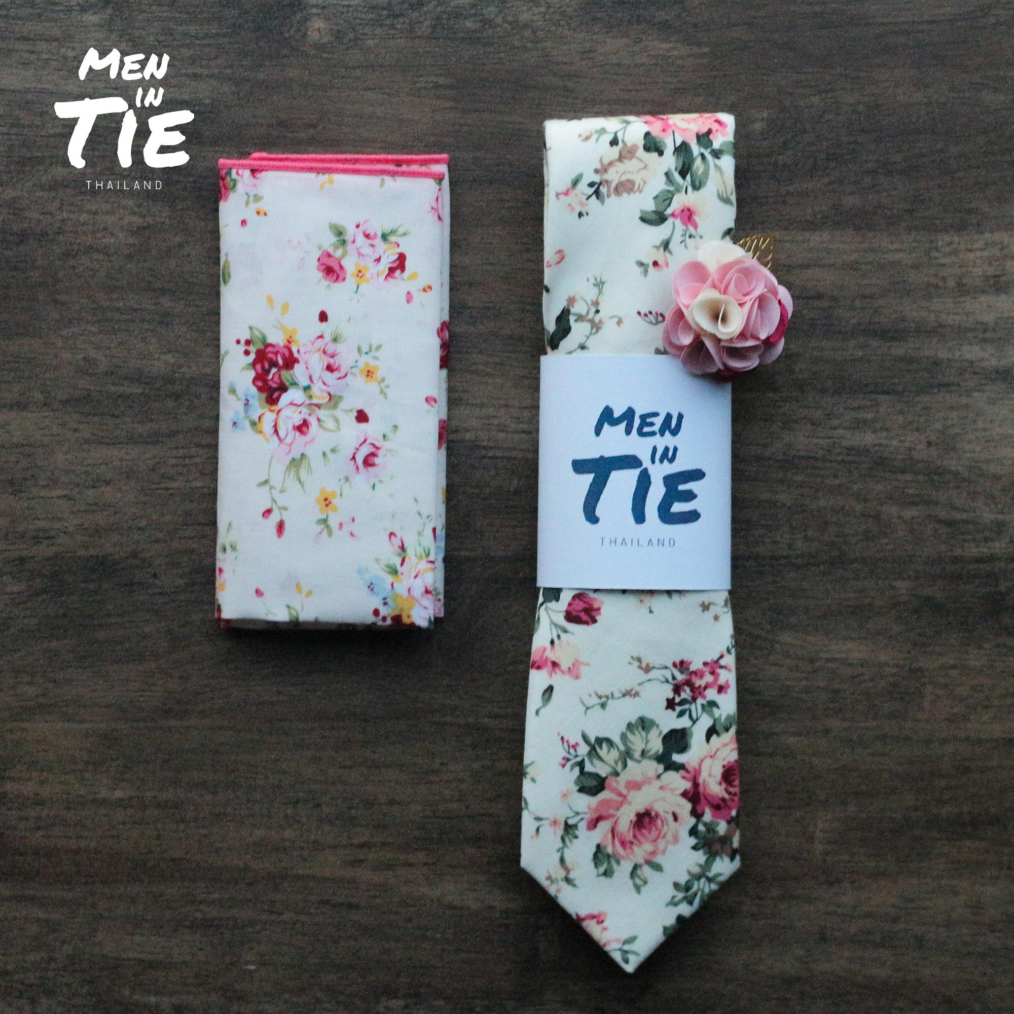 เซ็ทเนคไทคู่ ผ้าเช็ดหน้า ลาเพลพิน ลายดอกไม้ Floral tie with Pocket square and Lapel pin