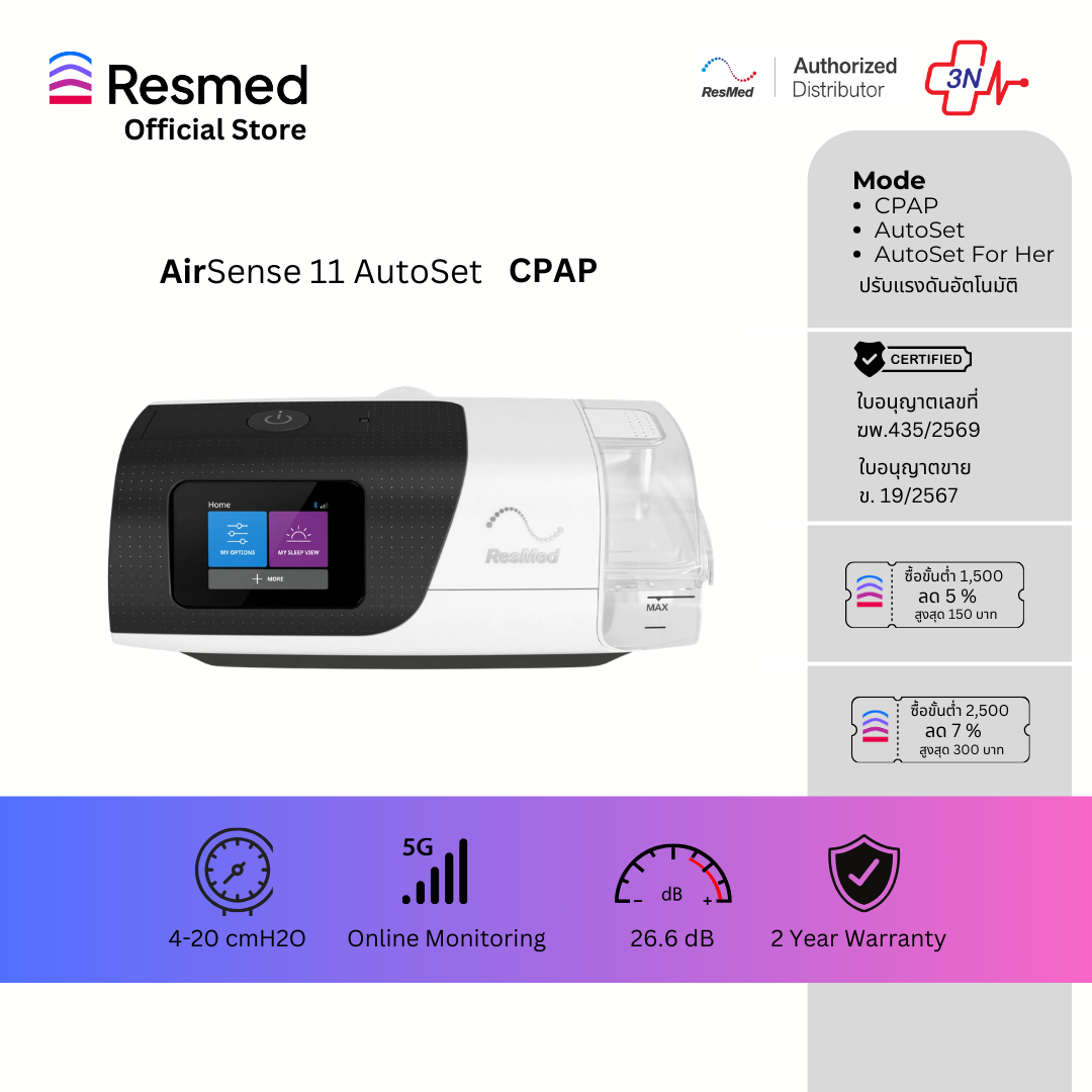 หน้ากากอนามัย กรองฝุ่นและเชื้อโรค ResMed Cpap Airsense 11 Autoset Apac Tri/Airsense 11 (ชุดเครื่องไม่มีหน้ากาก)