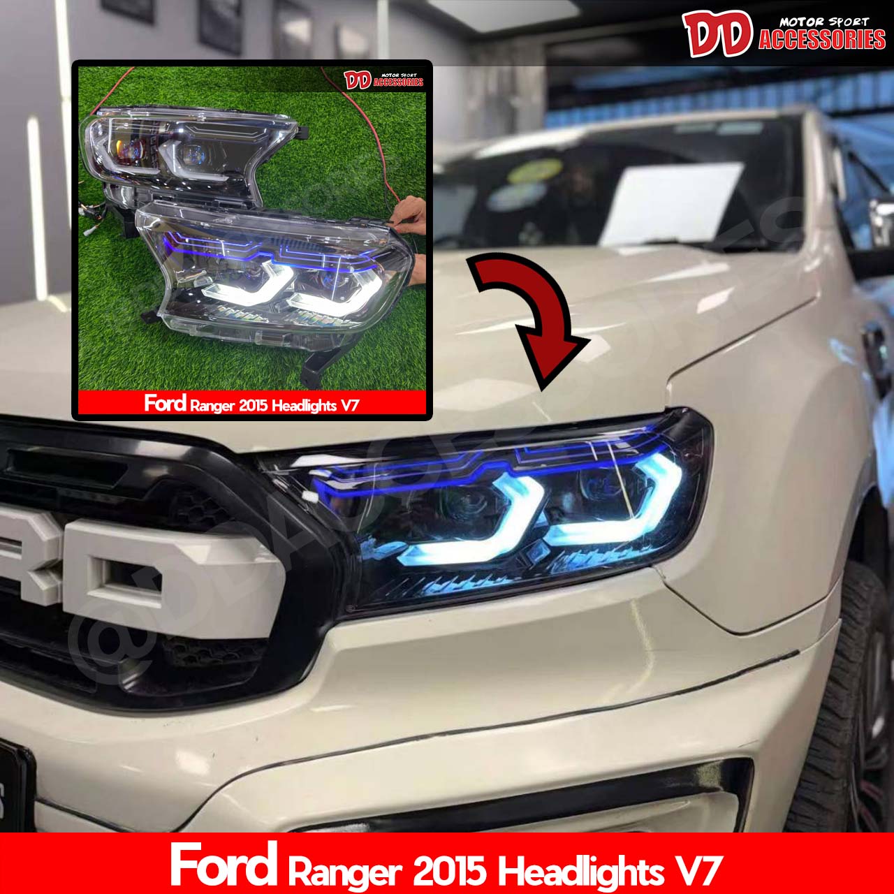 ไฟหน้า LED ไฟท้ายรถยนต์ มอเตอร์ไซค์ Ford ไฟหน้า Ranger 2015 2017 2018 2019 2020 2022 T7 T8 Raptor Everest สามารถใช้ V7 Bmw สไตล์ Lighting Bar ราคา 16,500 บาท*ส่งฟรี