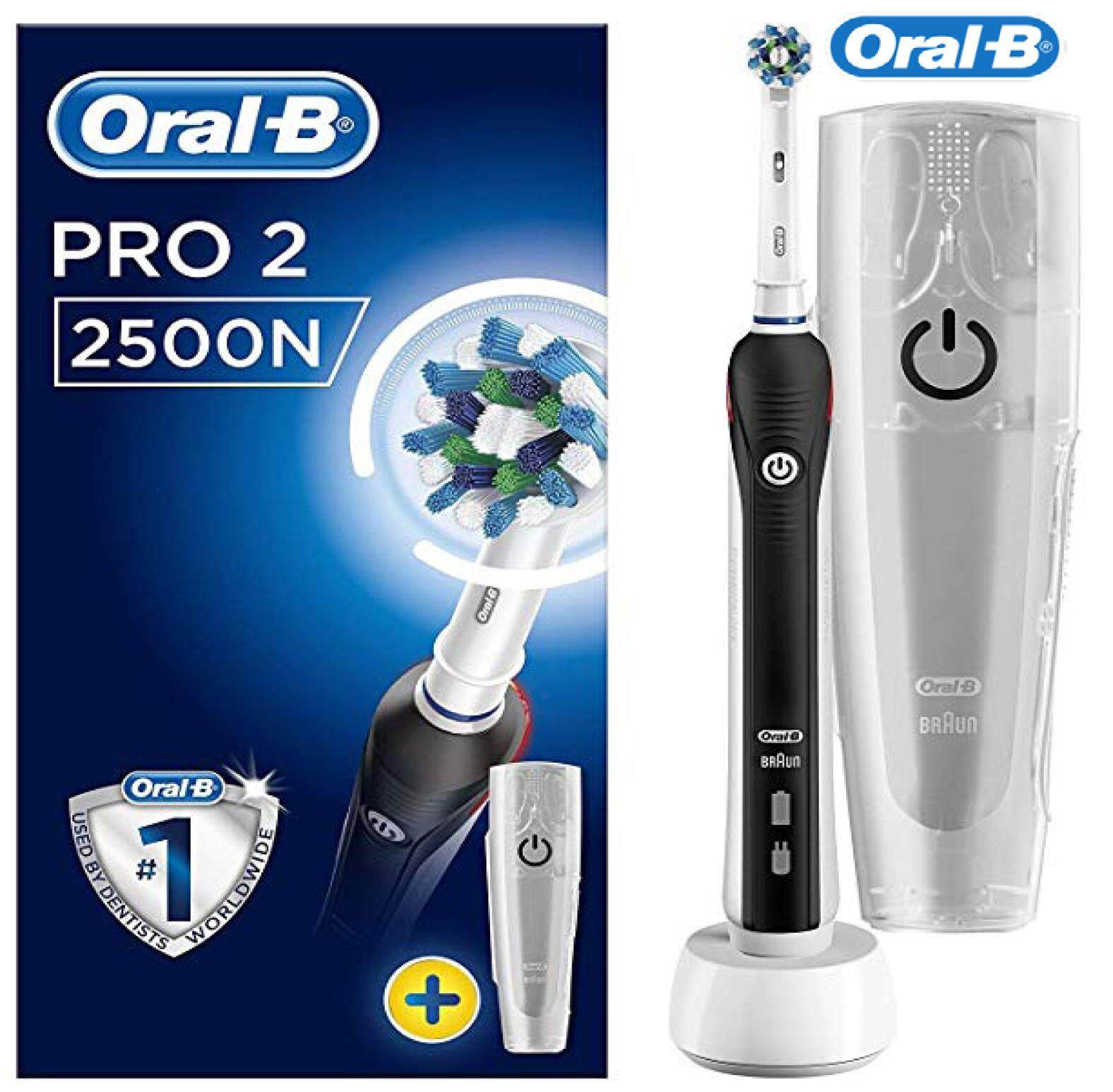 แปรงสีฟันไฟฟ้า ทำความสะอาดทุกซี่ฟันอย่างหมดจด อ่างทอง Oral B Electric Toothbrush   Black  Pro 2  2500 N with Bonus Oral B Travel Case  24 Month Warranty 