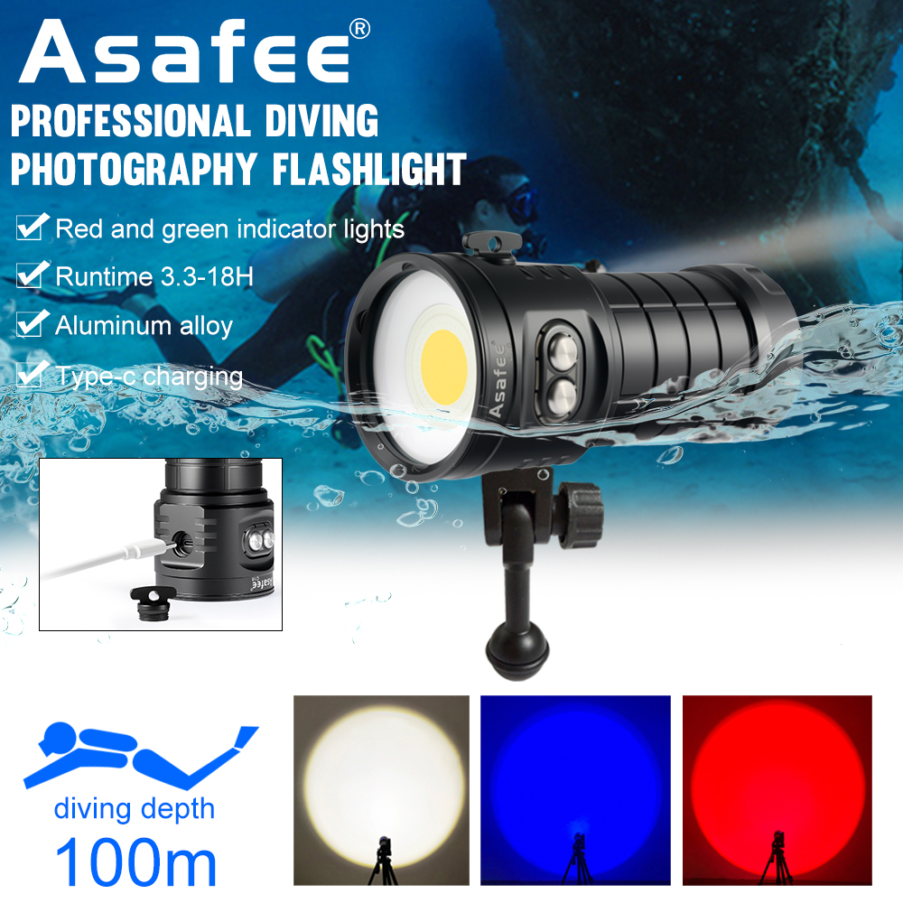 Asafee C18 Underwater Video Light Cob Led 4500Lm 15000Mah Battery White Red Blue Light Diving Photography Auxiliary Light the Light Is Smooth and Does Not Create Shadows. Type C Charging. Professional Level Scuba Diving Flashlight. with Ball Mount Base. ราคา 3,404 บาท*ส่งฟรี