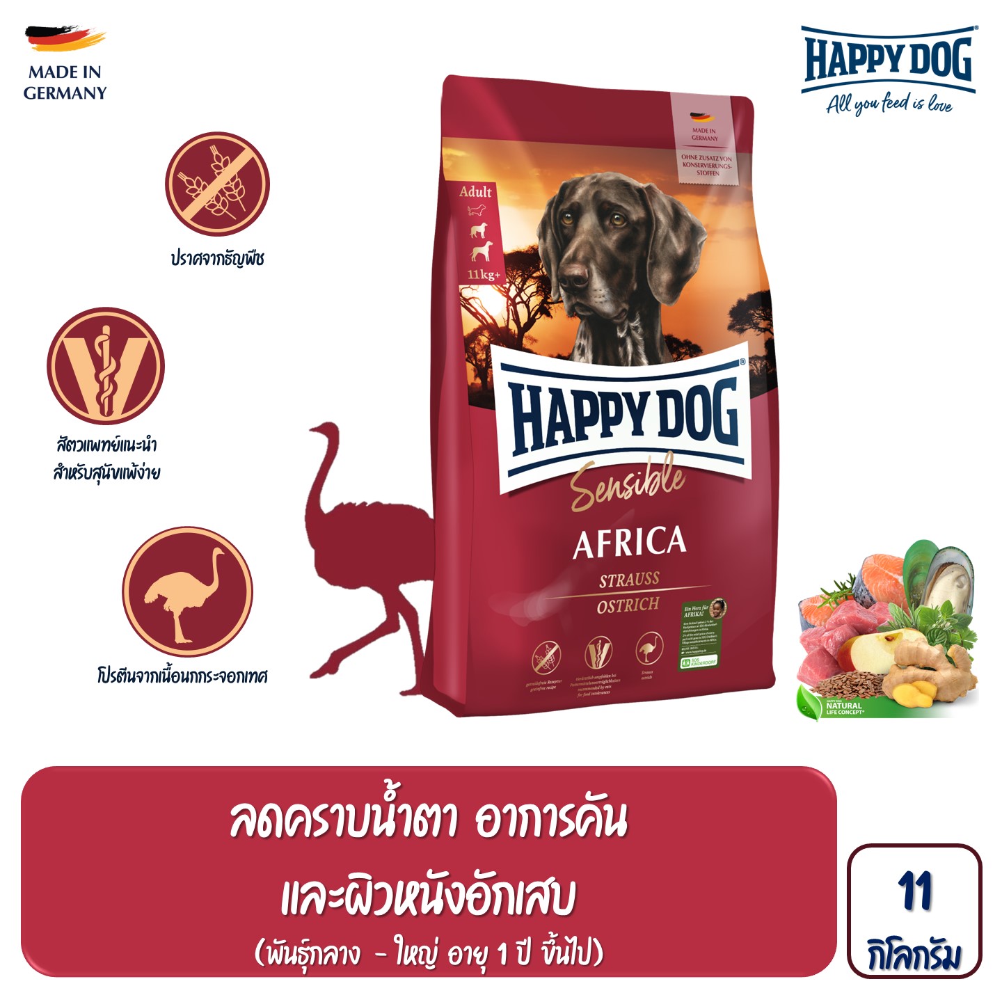Happy Dog Africa (Grain Free) สุนัขโตพันธุ์กลาง - ใหญ่ สูตรเนื้อนกกระจอกเทศ ปราศจากธัญพืช 11 Kg ราคา 3,590 บาท*ส่งฟรี
