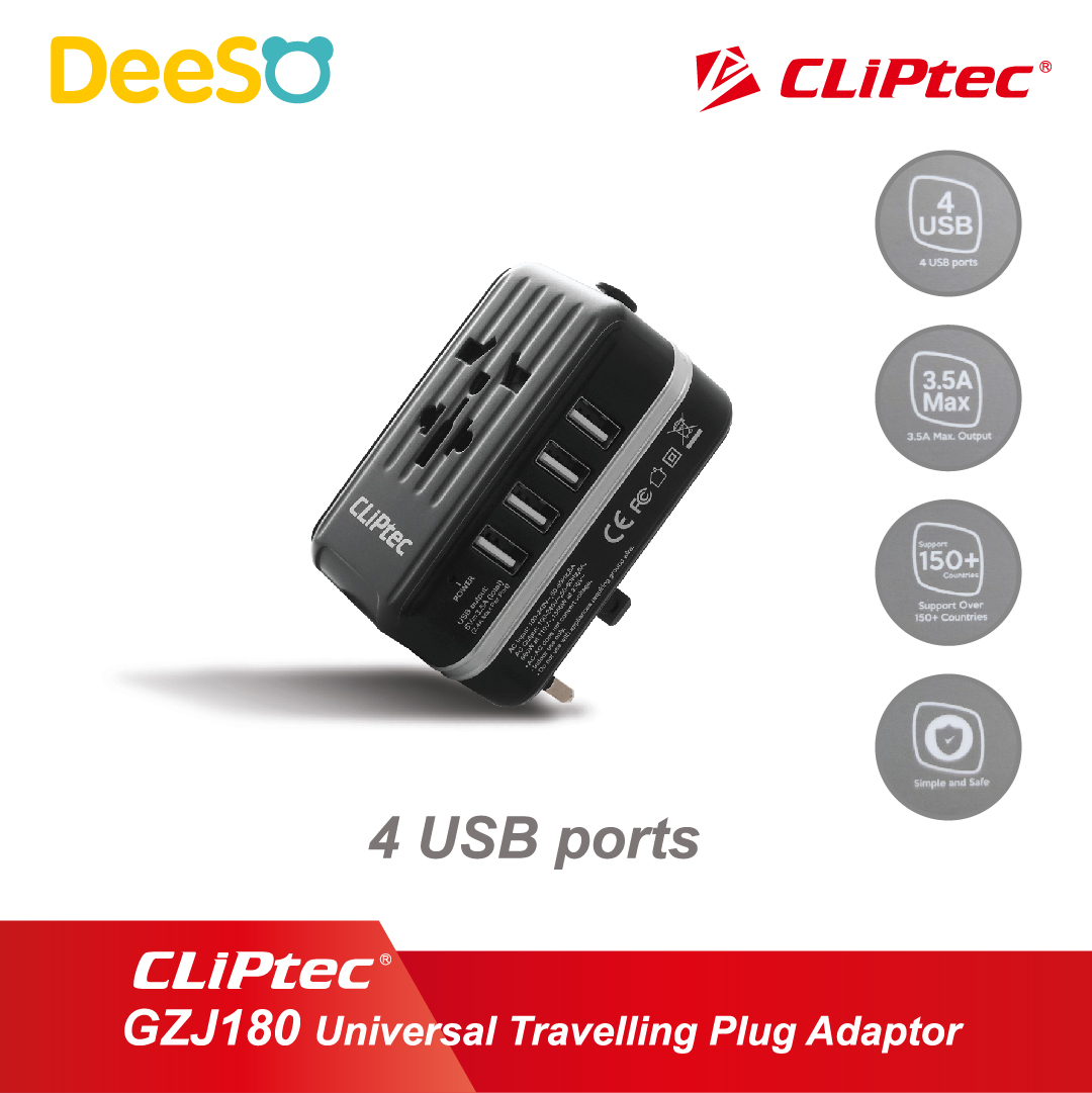 DeeSO CLiPtec GZJ180 Universal Travel Plug Adapter พร้อมพอร์ต USB 4 พอร์ต (กรุณาสอบถามสต๊อกก่อนสั่งซื้อ)