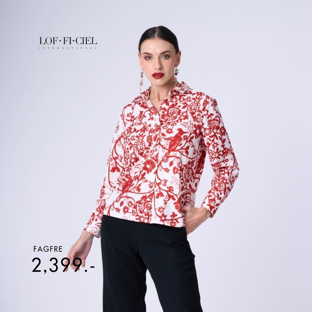 LOF-FI-CIEL Woman's shirt Chinese porcelain เสื้อเชิ้ตซาติน เสื้อเชิ้ตผู้หญิง แขนยาว สีแดง FAGFRE ราคา 1,559 บาท*ส่งฟรี