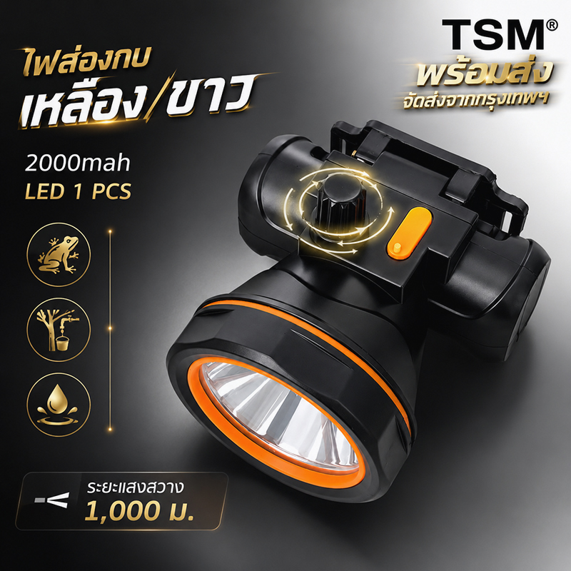 Led Headlamp Tsm-2996, Frog Light, Tire Tapping Light, 2000Mah, Illuminates 1000m Away. Adjustable Dimmer, White/Yellow Light, Rainproof. ราคา 77 บาท*ส่งฟรี