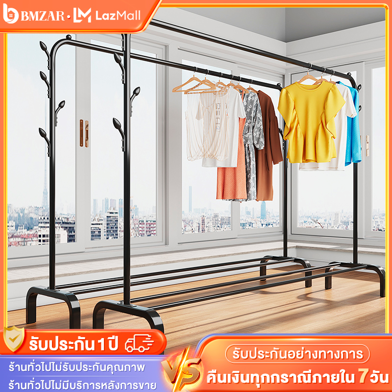 BMZAR ราวตากผ้า บาร์เดี่ยว ราวแขวนเสื้อผ้าบาร์คู่ พร้อมชั้นวางของ วางรองเท้า โครงเหล็ก ตะขอแขวนเหมวก ราวมินิมอล ราวตากผ้าอเนกประสงค์ ราคา 175 บาท*ส่งฟรี