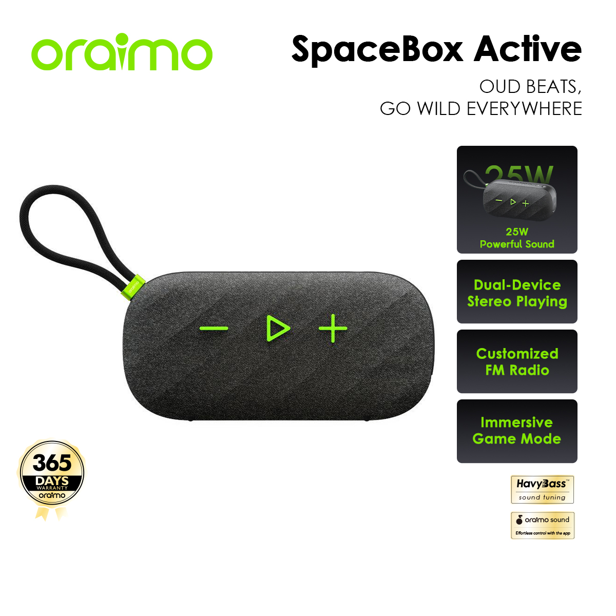 Oraimo Spacebox Active 25W Outdoor Bluetooth Speaker Personalized Sound Tuning Dual-Device Stereo Customized Fm Radio Ip55 Dust & Water Resistance Long-Lasting Playtime & Portable for Camping