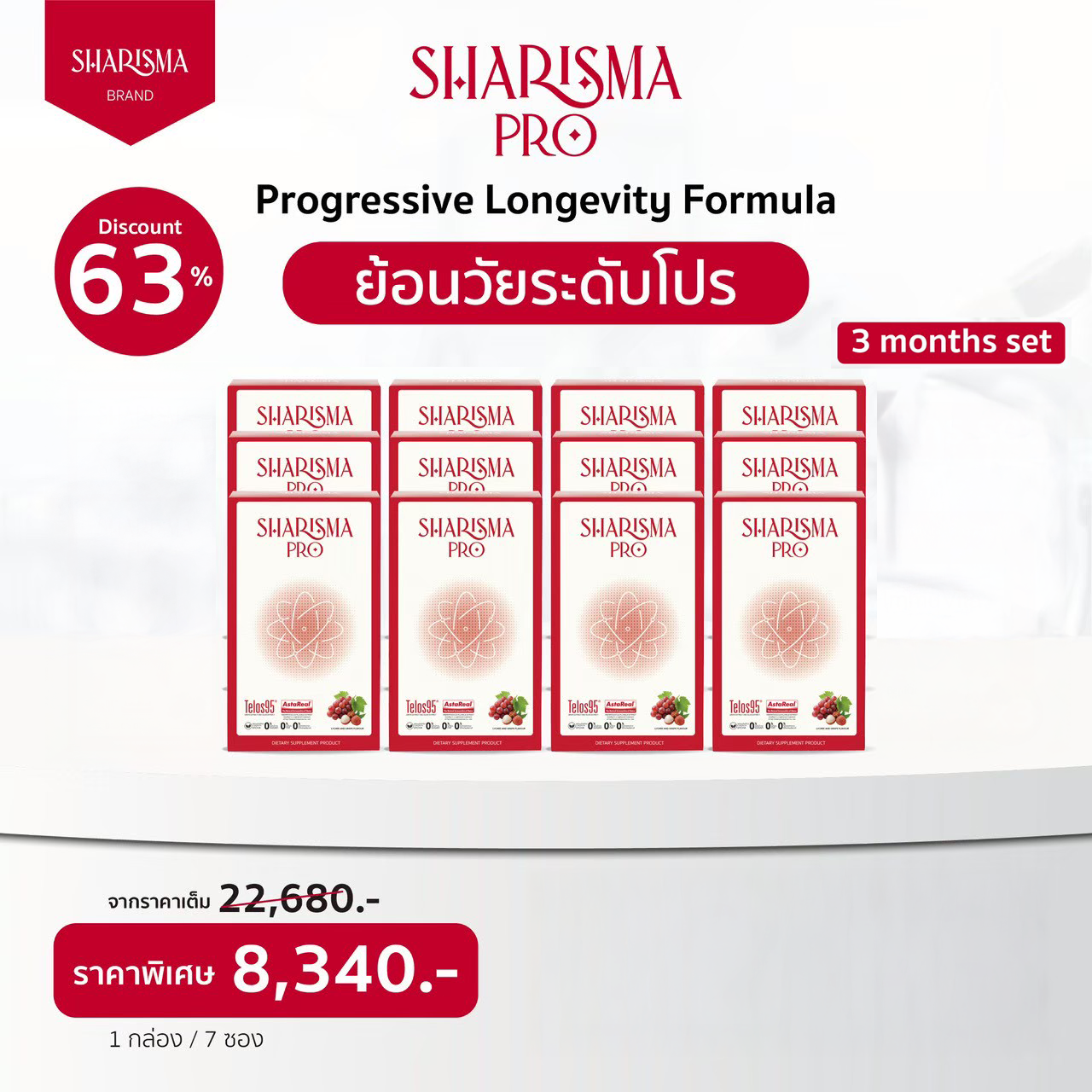 ผลิตภัณฑ์เสริมอาหาร วิตามินบำรุงสุขภาพ Sharisma ชาริสมา โปร ดื่มได้ 12 กล่อง แบรนด์แรกในไทยกับ Telos95 นวัตกรรมลดความชราของเซลล์ระดับรางวัลโนเบล ราคา 8,340 บาท*ส่งฟรี