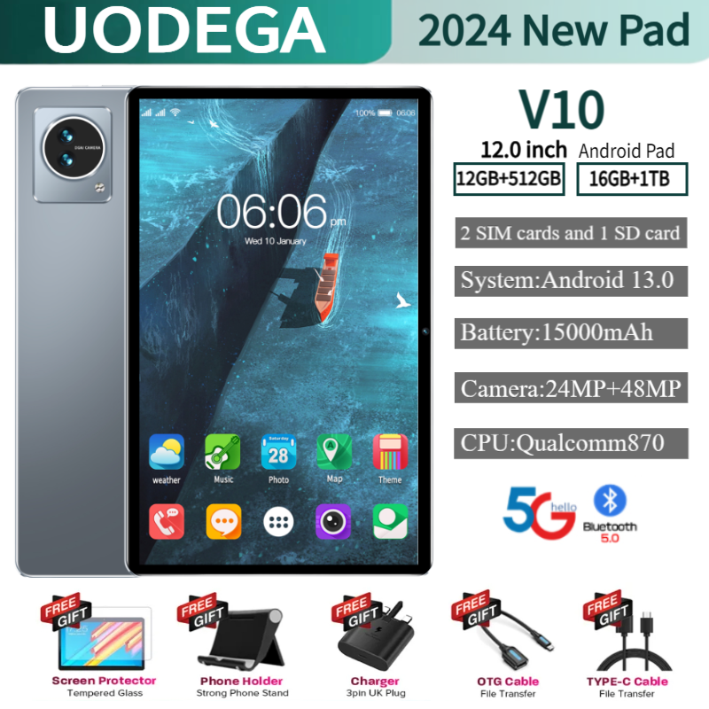 [Buy 1 get 6 free] uodega pad V10 2024 new model large memory 16GB + 1024GB shipped in Thailand Qualcomm 870 battery large capacity 15000mAh large display 12.0 inch 24MP + 48mp camera can fit 2 SIM card. Make calls, watch videos, study, entertainment and ราคา 1,972 บาท*ส่งฟรี