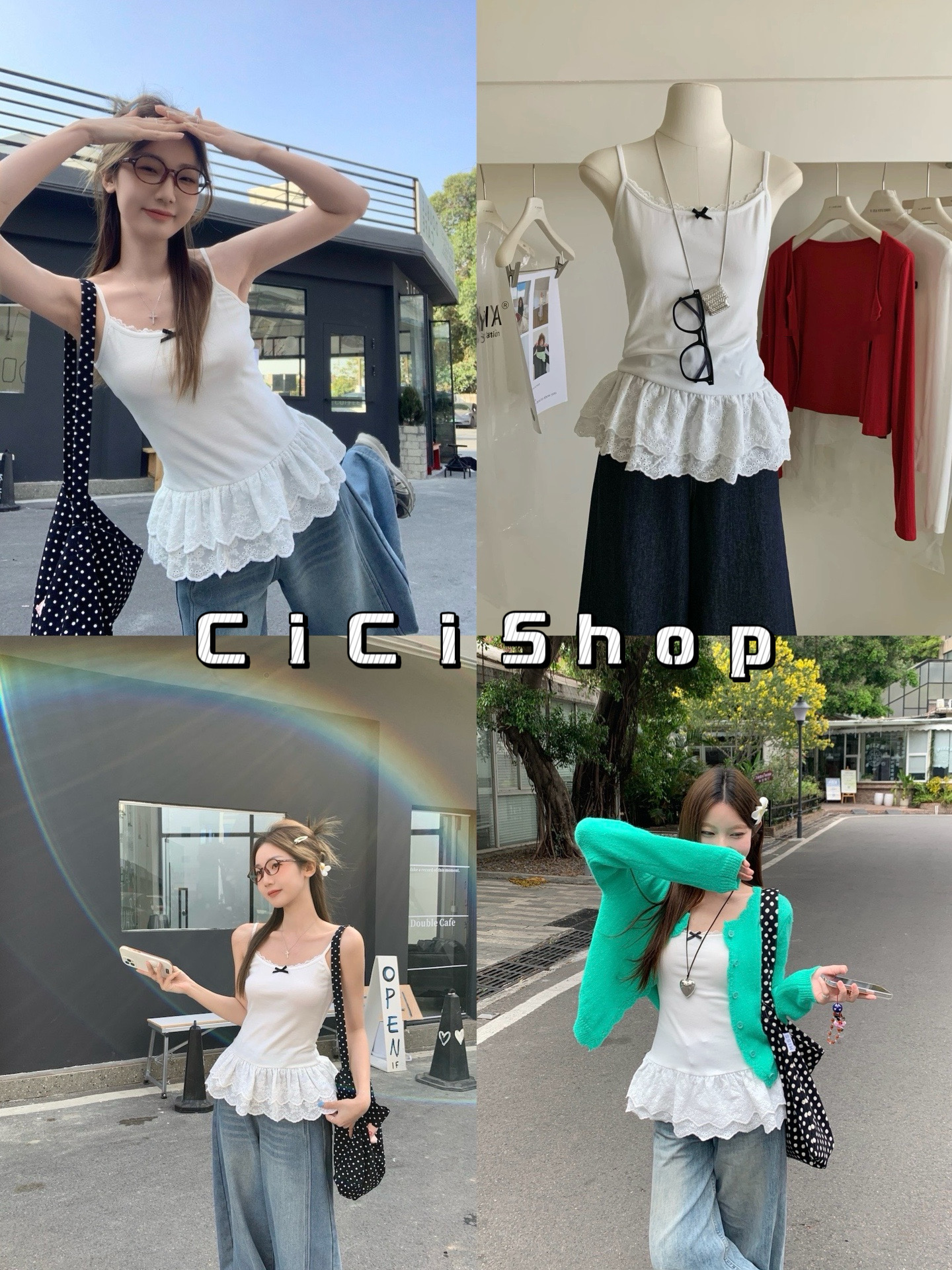 เสื้อครอป เสื้อสายเดี่ยว เสื้อกล้ามแฟชั่นฤดูร้อน CiCi shop(Q889/J2068) เสื้อสายเดี่ยวผ้ายืด สีพื้น แต่งชายระบายลูกไม้ ปักโบว์มินิมอล สำหรับซัมเมอร์นี้