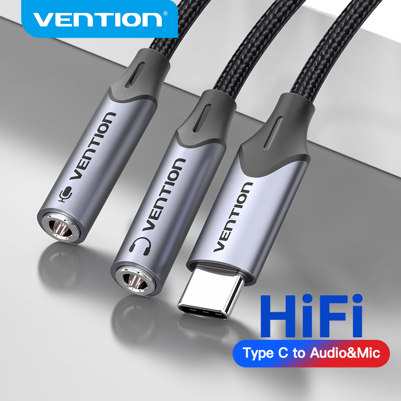 Vention USB C male to 3.5 audio jack adapter type C cable audio & mic adapter for Huawei Nova 6 Huawei P30 pro OnePlus 7t/8 aux cable ราคา 157 บาท*ส่งฟรี