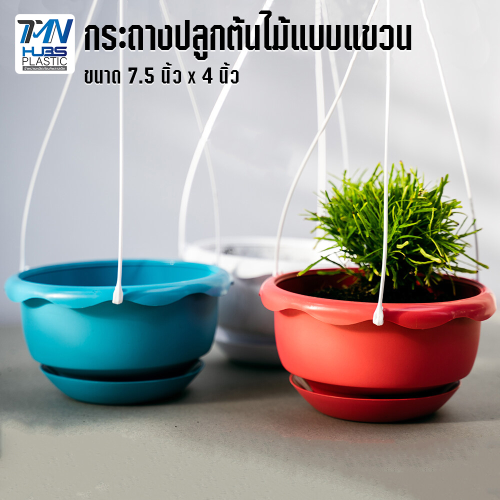 กระถางต้นไม้พลาสติกแบบแขวน พร้อมจานรอง มี 3 สี ขนาด  7.5 นิ้ว ราคาถูก ราคาโรงงาน กระถางต้นไม้ กระถางพลาสติก กระถางแบบแขวน TMN_Hubs