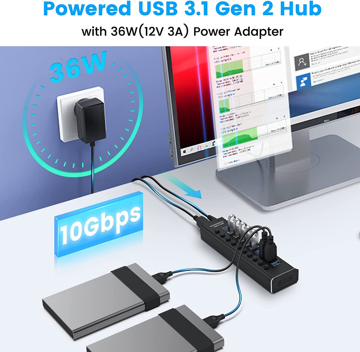 Powered USB Hub, Rosonway 10 Port USB 3.1 Hub 10Gbps with 36W (12V