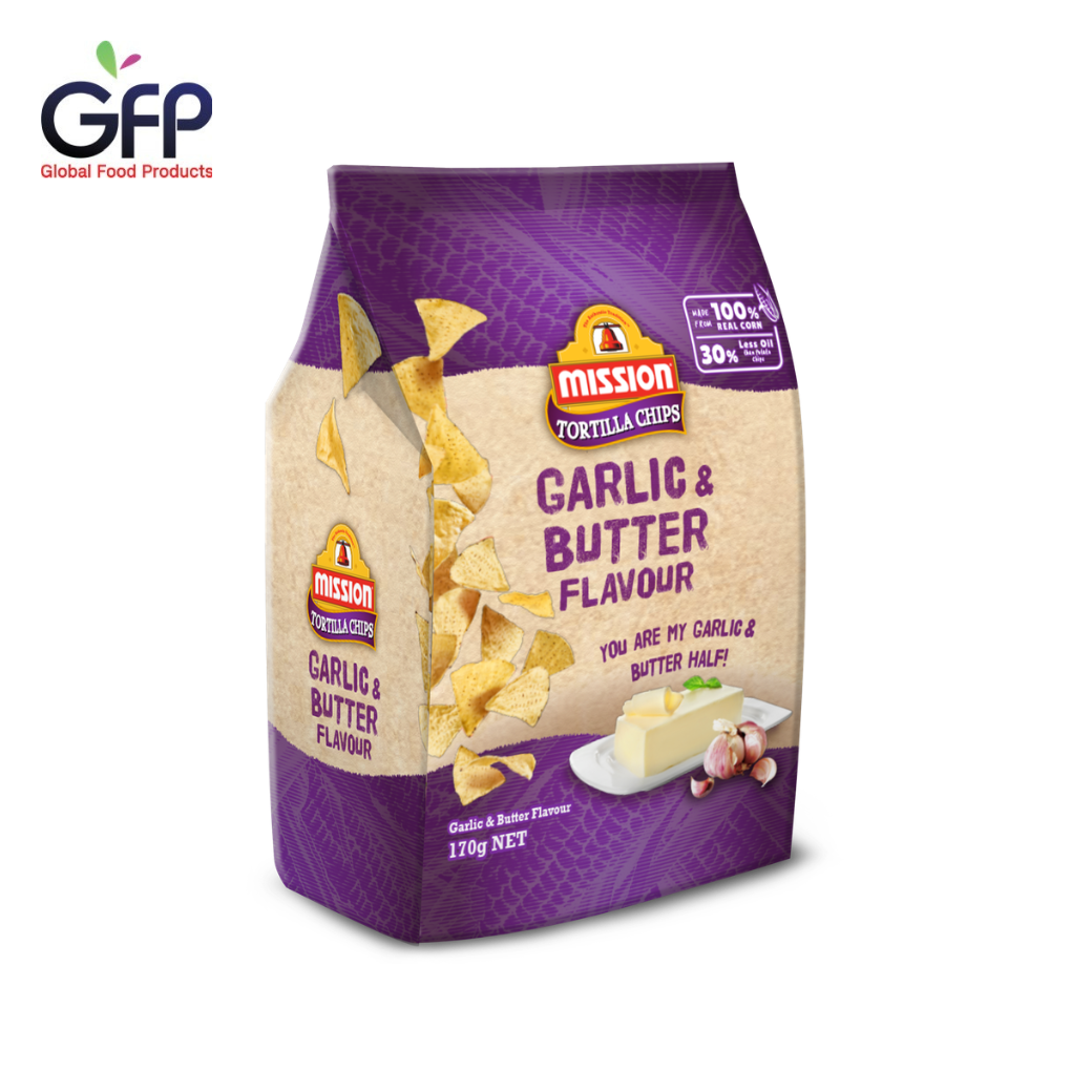 Mission Tortilla Chips Garlic & Butter Flavored 170g Crispy Fried Corn Snacks with Garlic Butter Flavor (0625) ราคา 105 บาท*ส่งฟรี