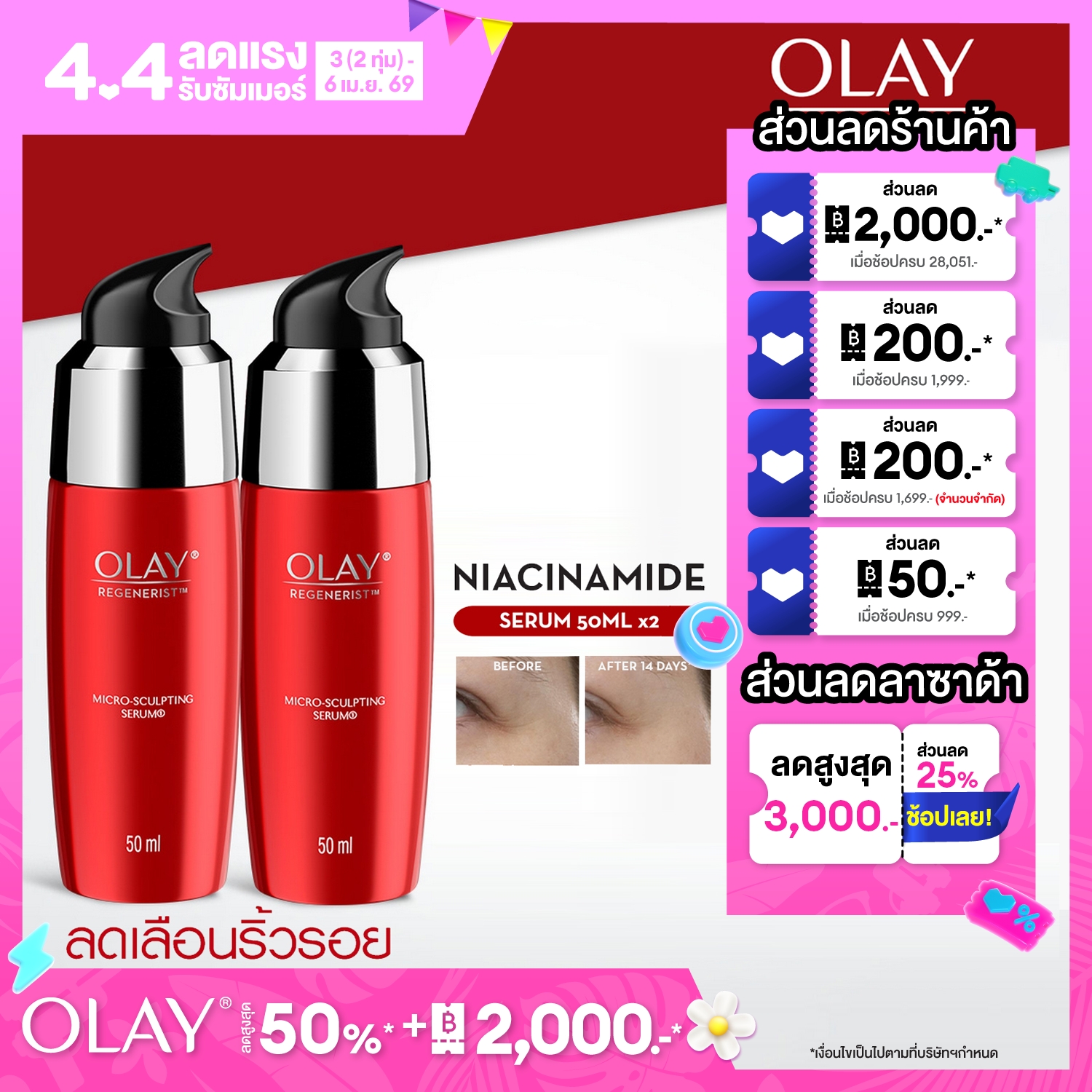 [แพ็คคู่] โอเลย์ รีเจนเนอรีส ไมโคร-สกัลป์ติ้ง เซรั่ม 50ML x2 ไนอะซินาไมด์ ลดเลือนริ้วรอย สกินแคร์ Olay Regenerist Micro Sculpting Anti-Ageing Serum 50ML x2