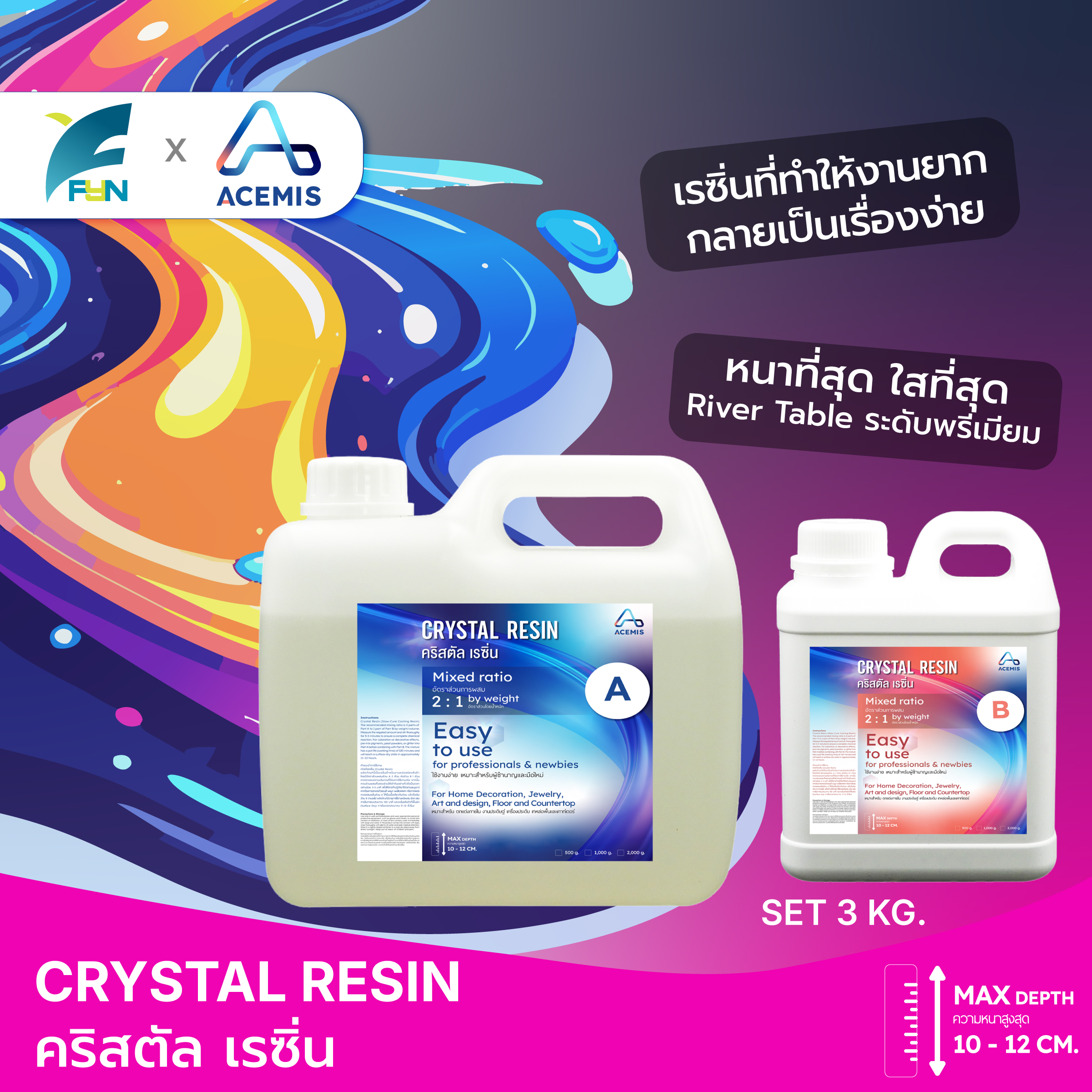 เรซิ่นใส CRYSTAL RESIN อีพ็อกซี่เรซิ่นใส เคลือบเงา แข็งเหนียว ไร้ฟอง เทหล่อ โต๊ะไม้ พื้น3มิติ เคลือบเคสมือถือ