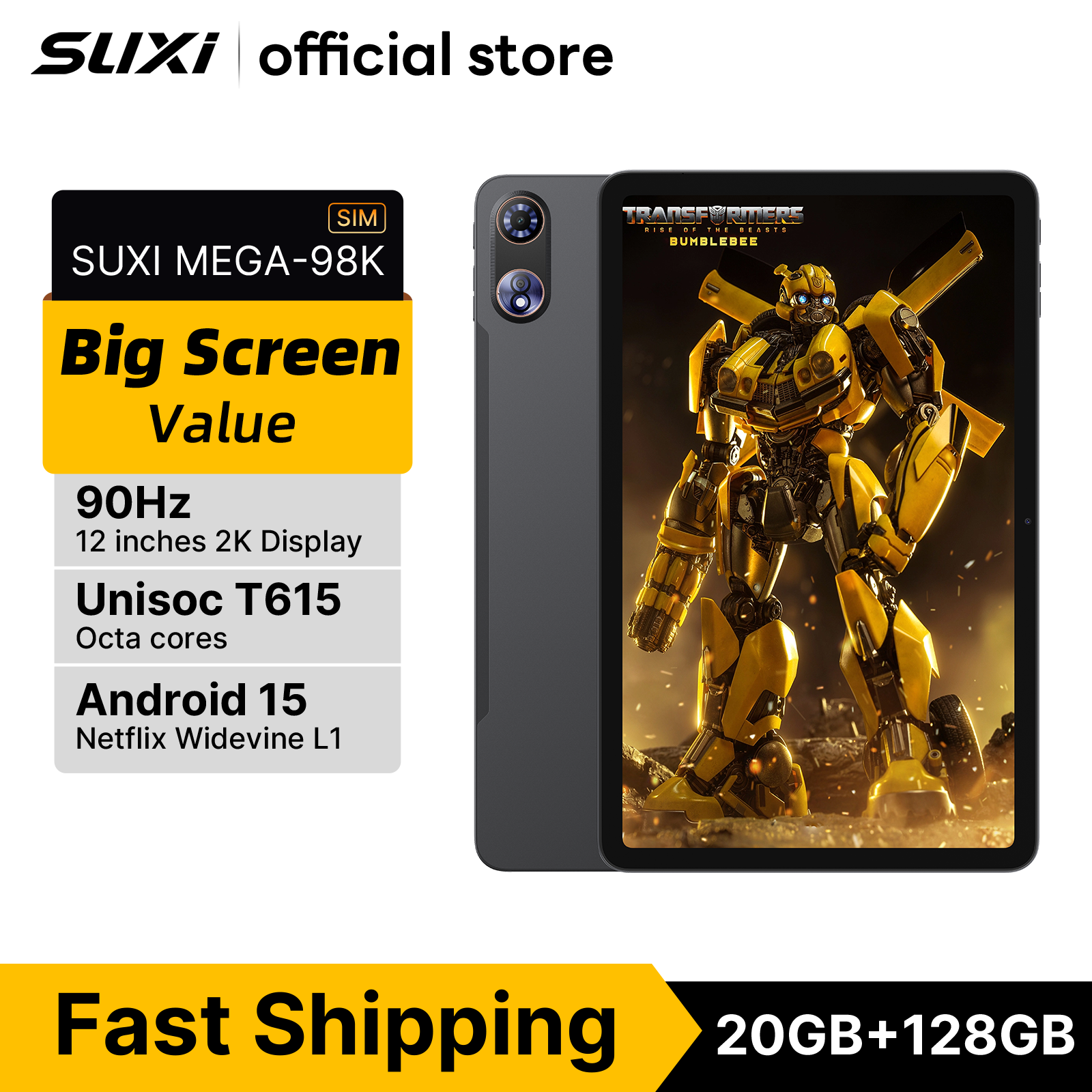 SUXI MEGA-98K Tablet for kids 12" 2K 6+128GB 7000mAh Android 15 w/4G LTE & Quad Speakers pad cod ราคา 5,599 บาท*ส่งฟรี