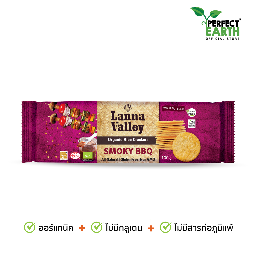 Lanna Valley Organic Rice Crackers Smoky BBQ 100g. ราคา 49 บาท*ส่งฟรี