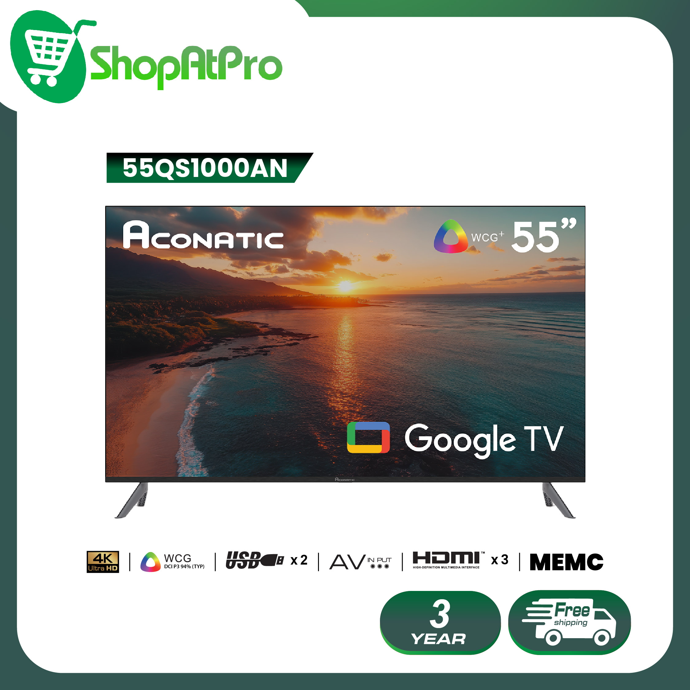 Aconatic ทีวี 55 นิ้ว QLED 4K Google TV รุ่น 55QS1000AN ระบบปฏิบัติการ Google/Netflix & Youtube, MEMC, Wifi, WCG, Voice Search, Fast Cast, Dolby Vision & Atmos (รับประกัน 3 ปี) ราคา 12,990 บาท*ส่งฟรี