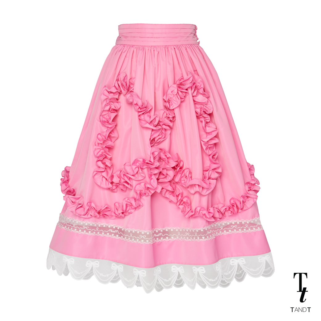 TandT - FEDELLA SKIRT - BOW-SHAPED RUFFLE LACE TRIMMED MIDI SKIRT กระโปรงยาวรูดย้วยขอบเอวสูง ตกแต่งกดระบายรูปโบว์ ตกแต่งลูกไม้ชายกระโปรง ผ้าคอตต้อน ราคา 2,475 บาท*ส่งฟรี
