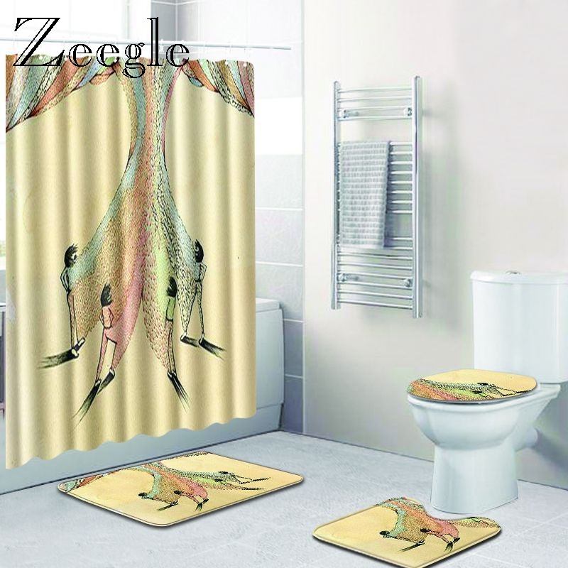 Zeegle Bath Mat Set Waterproof Shower Curtain with Hooks Pedestal Rug Toilet U Type Mat Polyester Bathroom Floor Mat Foot Rug