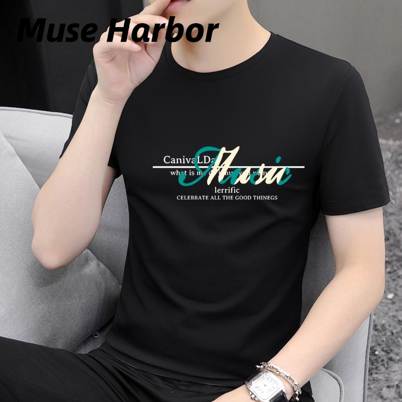 Muse Harbor เสื้อยืดคอกลมแขนสั้นผู้ชายไซส์ใหญ่ลำลองพิมพ์ลายแขนสั้นทรงหลวมระบายอากาศ ราคา 45 บาท*ส่งฟรี