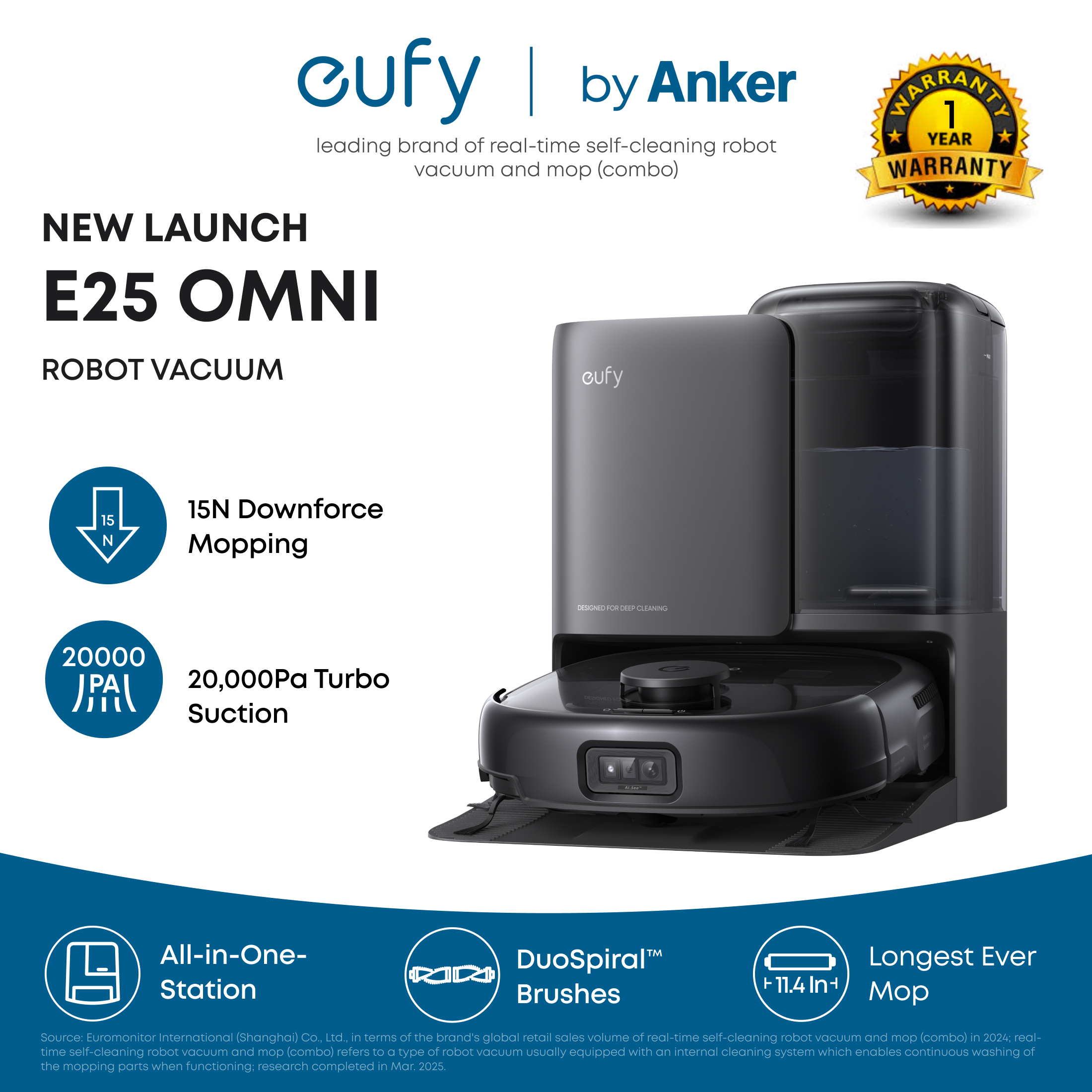 Eufy by Anker หุ่นยนต์ดูดฝุ่น E25/E28 พลัง 20,000 Pa พร้อมแปรง HydroJet™ ป้องกันเส้นผมพัน แขนปัดฝุ่นมุมขอบอัจฉริยะ ราคา 25,999 บาท*ส่งฟรี