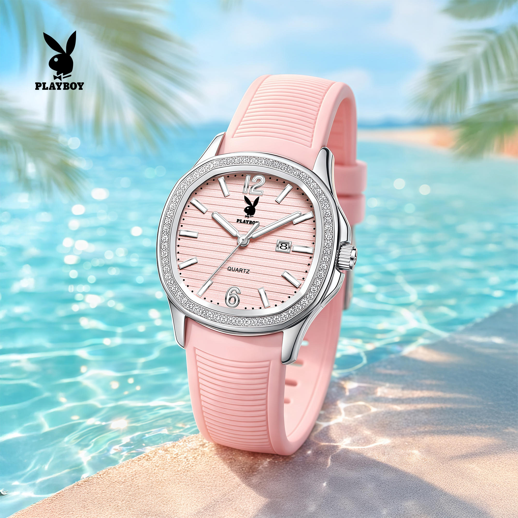 Playboy Women's Wristwatch, Waterproof, Shockproof, Luminous Hands, Date Window, Silicone Strap for Daily Use, Guaranteed, Affordable Price. ราคา 1,161 บาท*ส่งฟรี