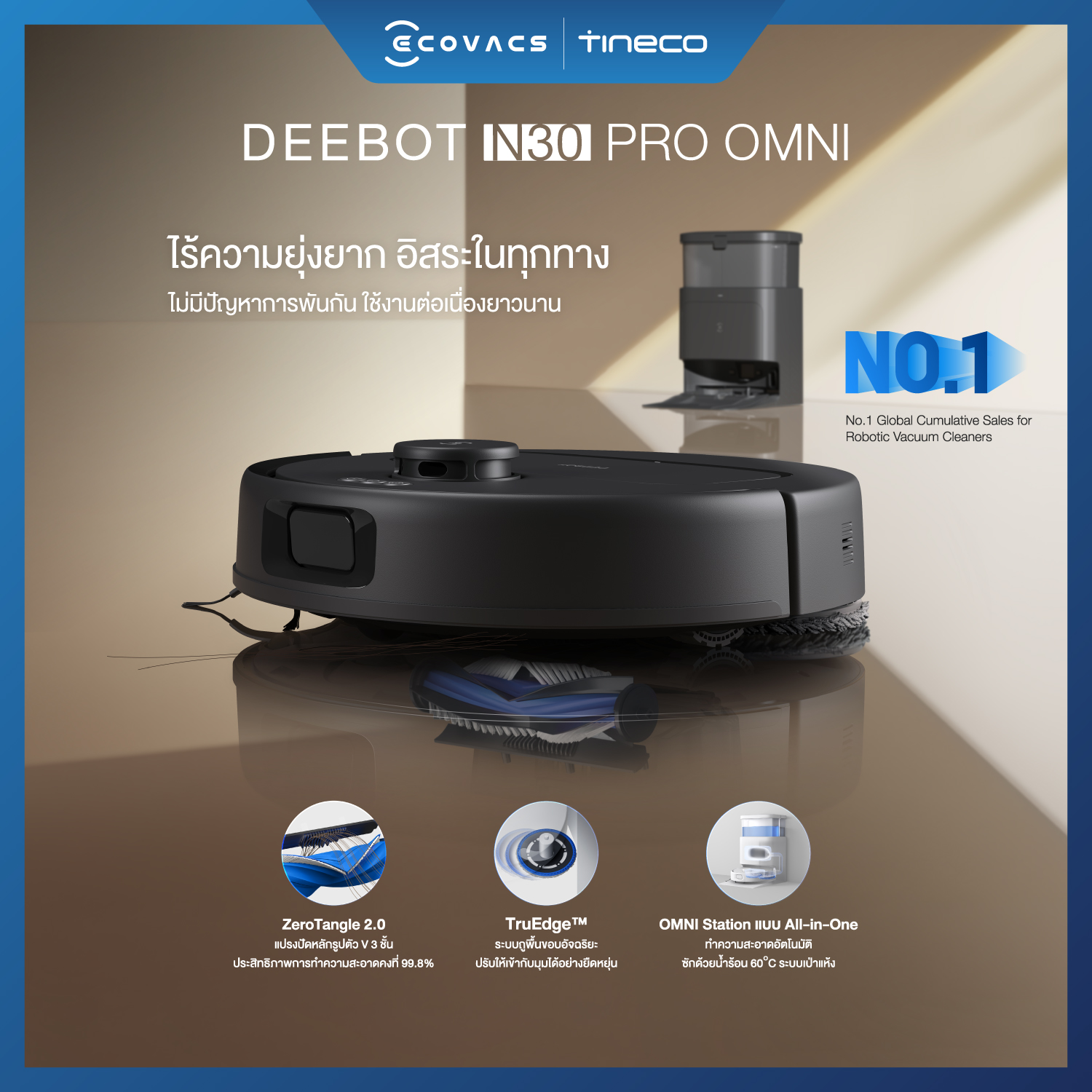 [Box Has Defects] Ecovacs Deebot N30 Pro Omni, an Intelligent Vacuum Cleaner and Floor Mop, and the Omni Station Smart Charging Dock Add Convenience. Perfect and Easy Cleaning Advanced Anti-Tangle Protection Zerotangle Anti-Tangle Technology 2.0 ราคา 9,999 บาท*ส่งฟรี