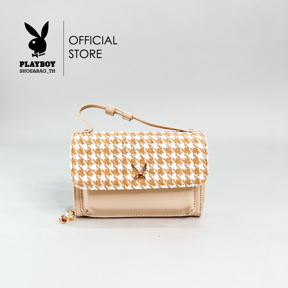Playboy ST-BS232PB085 genuine patent women's shoulder bag-houndstooth tweed bag with 2 colors, cream and gray ราคา 1,390 บาท*ส่งฟรี