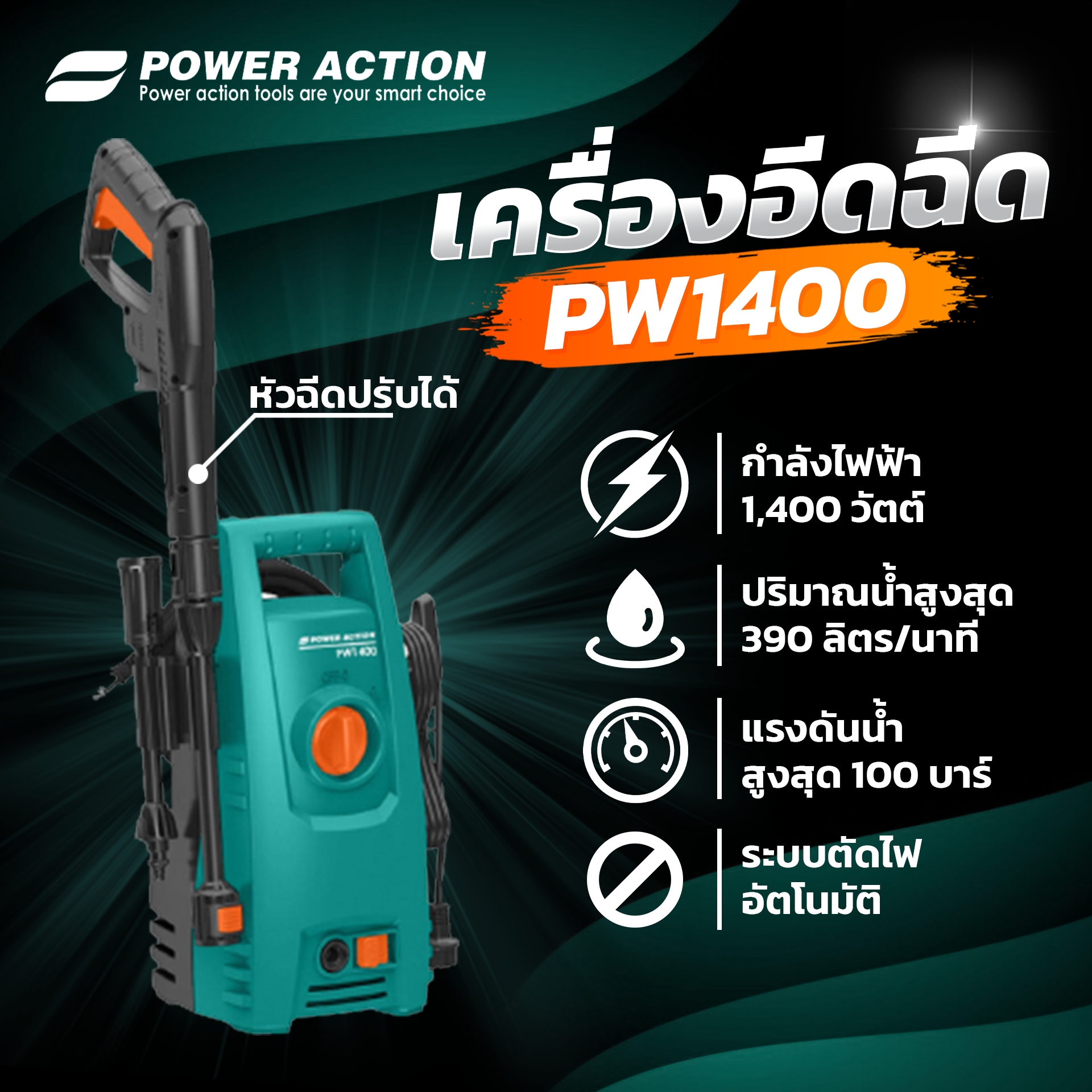 Power Action high-pressure cleaner High pressure pump 1400 watts, water pump 100 bar, with automatic water cut-off system, model PW1400 ราคา 2,690 บาท*ส่งฟรี