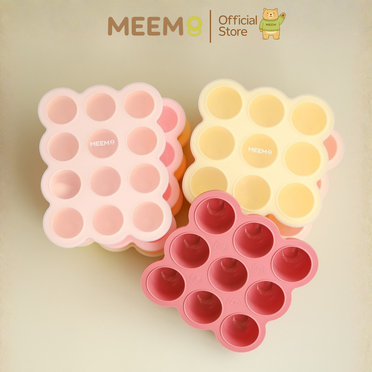 Meem Silicone Block Comes with a Tight-Locking Lid Used to Freeze and Store Baby Food, Make Ice, Has a Volume Indicator. There Are 2 Models: 9 Compartments (2.5 oz Compartments) and 12 Compartments (1.5 oz Compartments) ราคา 361 บาท*ส่งฟรี