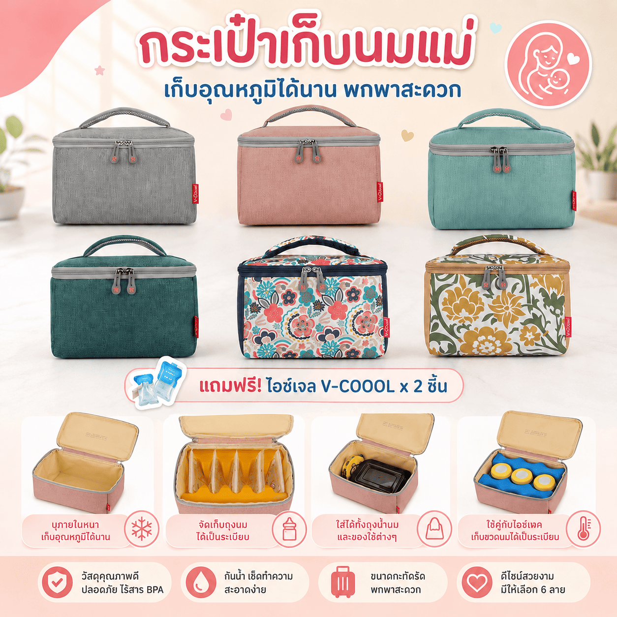 V-Coool Cooler Bag, Portable Cooler Bag, Breast Milk Storage Bag Baby Bottle Bag V-Coool Temperature Storage Bag ราคา 180 บาท*ส่งฟรี