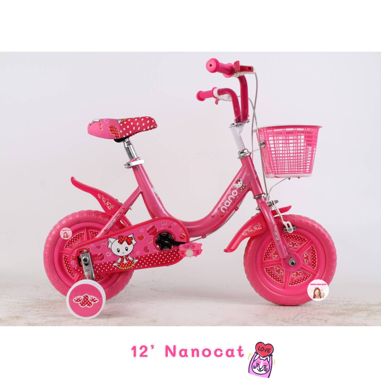 จักรยานเด็ก 12นิ้ว Nano cat สีชมพู จักรยานล้อตัน ไม่ต้องเติมลม มีตระกร้าหน้า รถจักรยานเด็ก ราคาถูก จักรยานคิตตี้ จักรยานแมว ราคา 899 บาท*ส่งฟรี