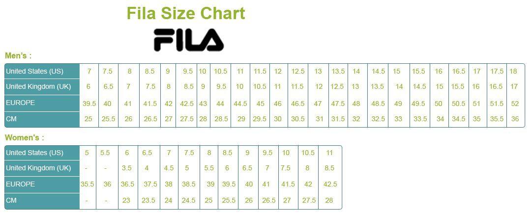 fila size chart shoes korea